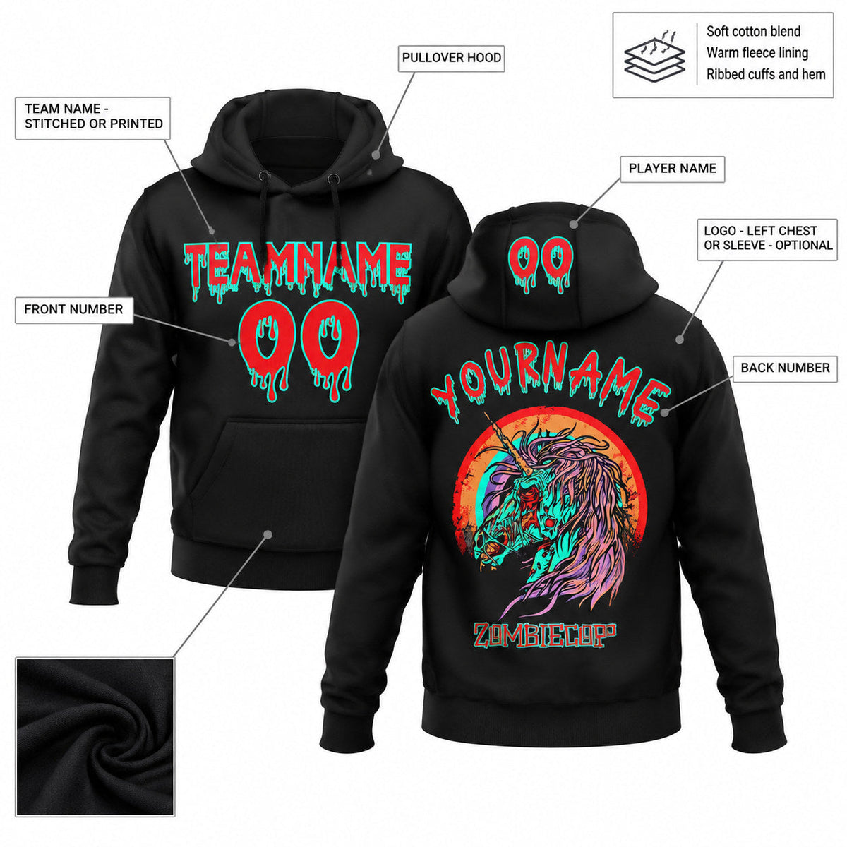Custom Black Halloween Zombie Unicorn Pullover Hoodie with Red and Green Lettering customization guide