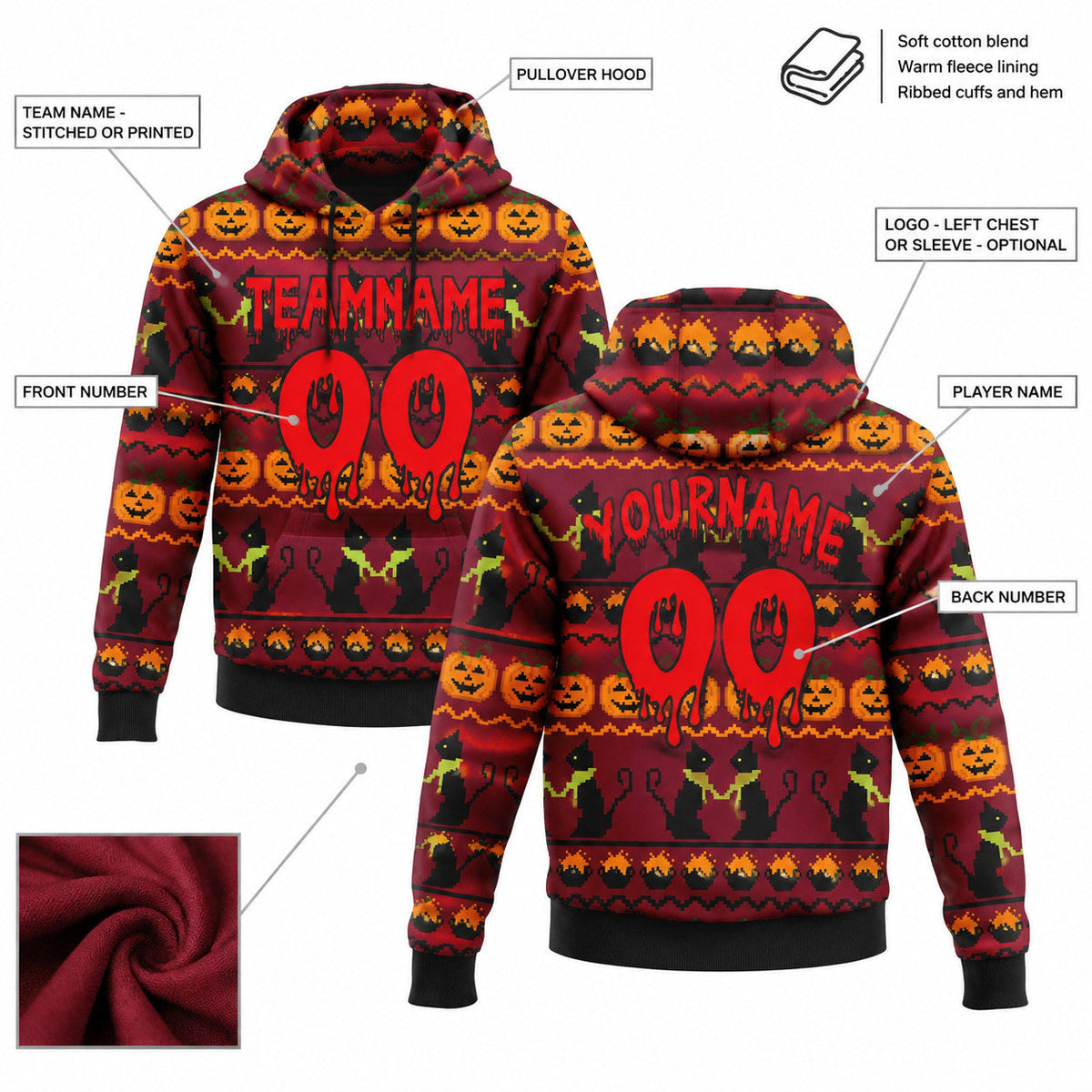 Custom Crimson and Fire Red Halloween Pumpkin Head Pullover Hoodie with Black and Red Lettering customization guide