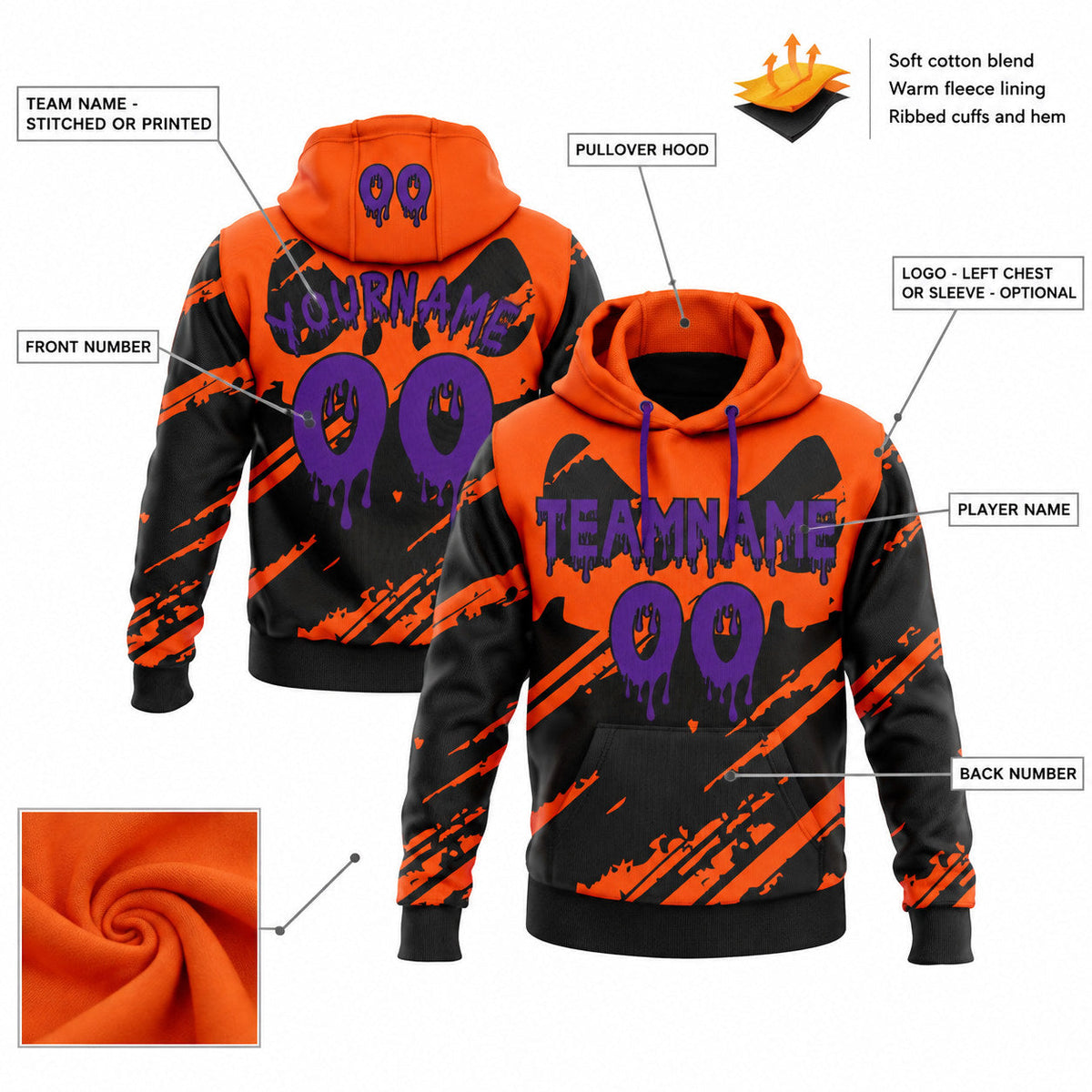 Custom Orange Halloween Pumpkin Head Pullover Hoodie with Purple and Black Lettering customization guide