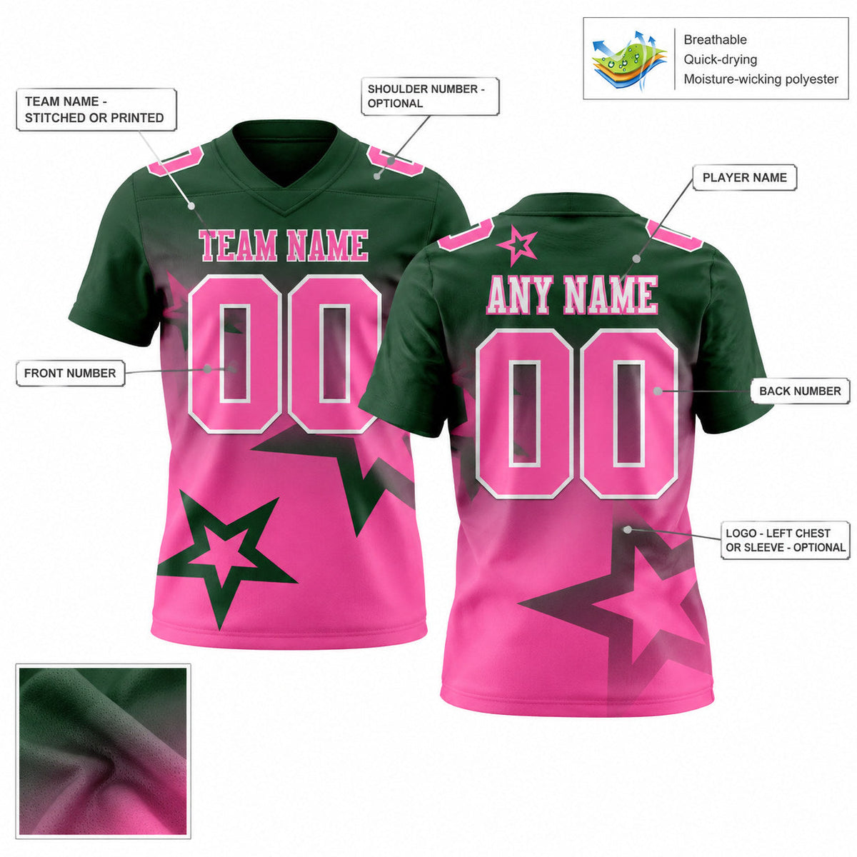 Custom Green Gradient Twinkle Star Authentic Football Jersey with Pink and White Lettering customization guide