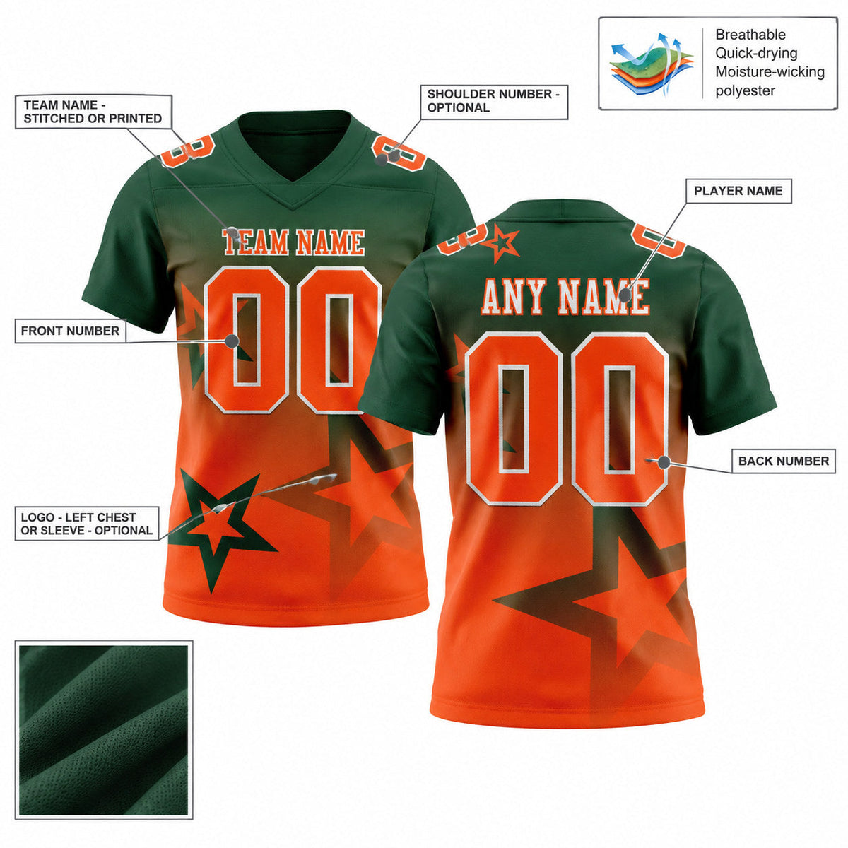 Custom Green Gradient Twinkle Star Authentic Football Jersey with Orange and White Lettering customization guide