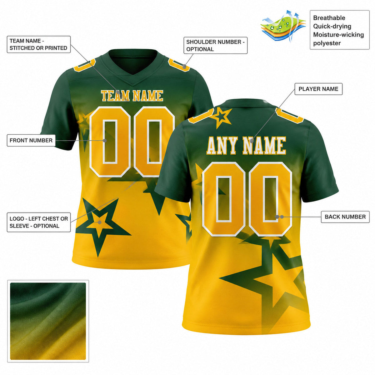 Custom Green Gradient Twinkle Star Authentic Football Jersey with Gold and White Lettering customization guide