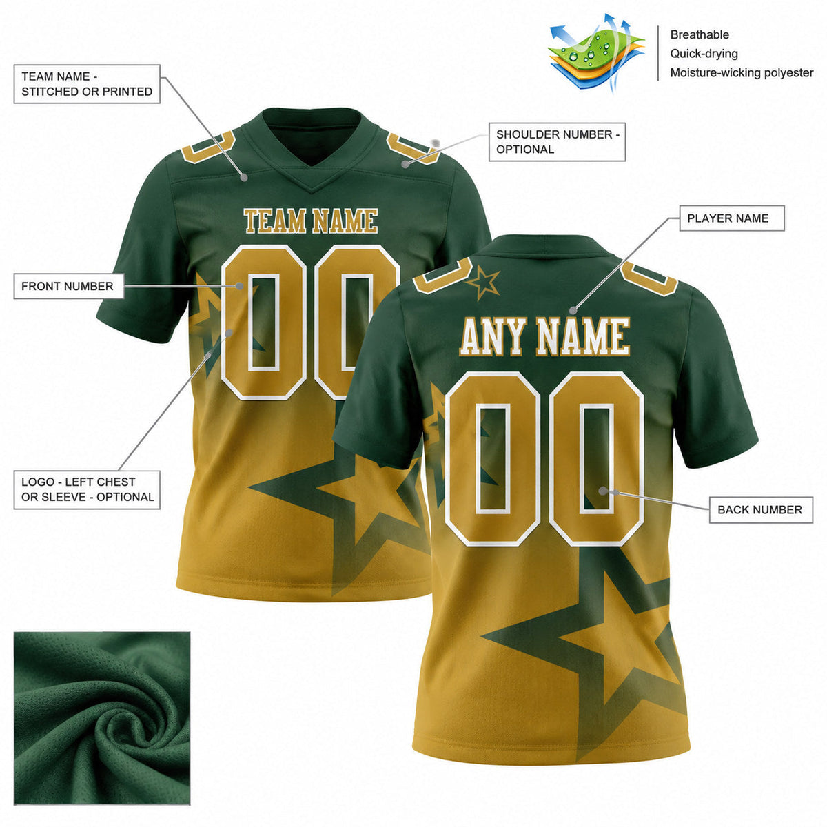 Custom Green Gradient Twinkle Star Authentic Football Jersey with Old Gold and White Lettering customization guide