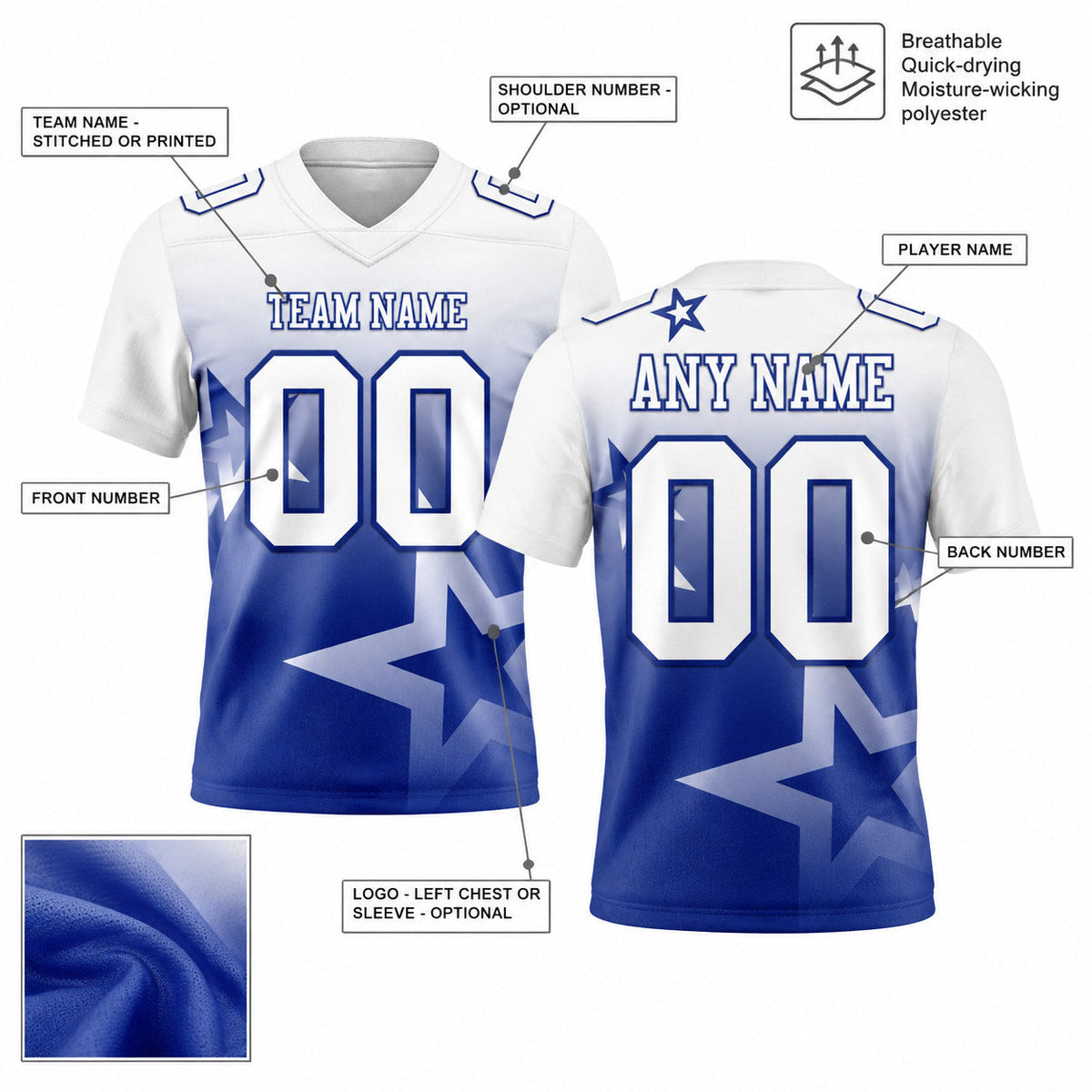 Custom White and Royal Gradient Twinkle Star Authentic Football Jersey customization guide