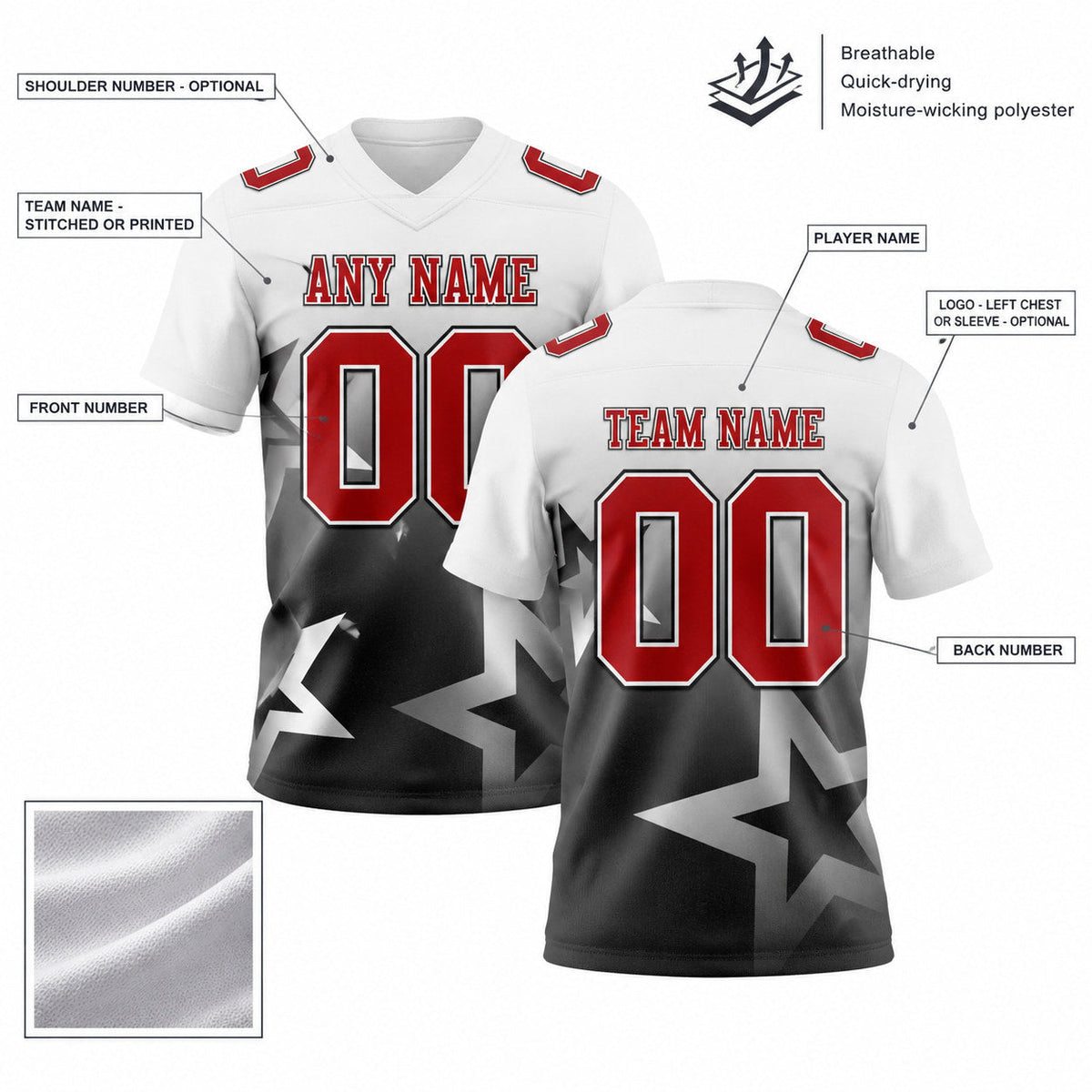 Custom White Gradient Twinkle Star Authentic Football Jersey with Red and Black Lettering customization guide