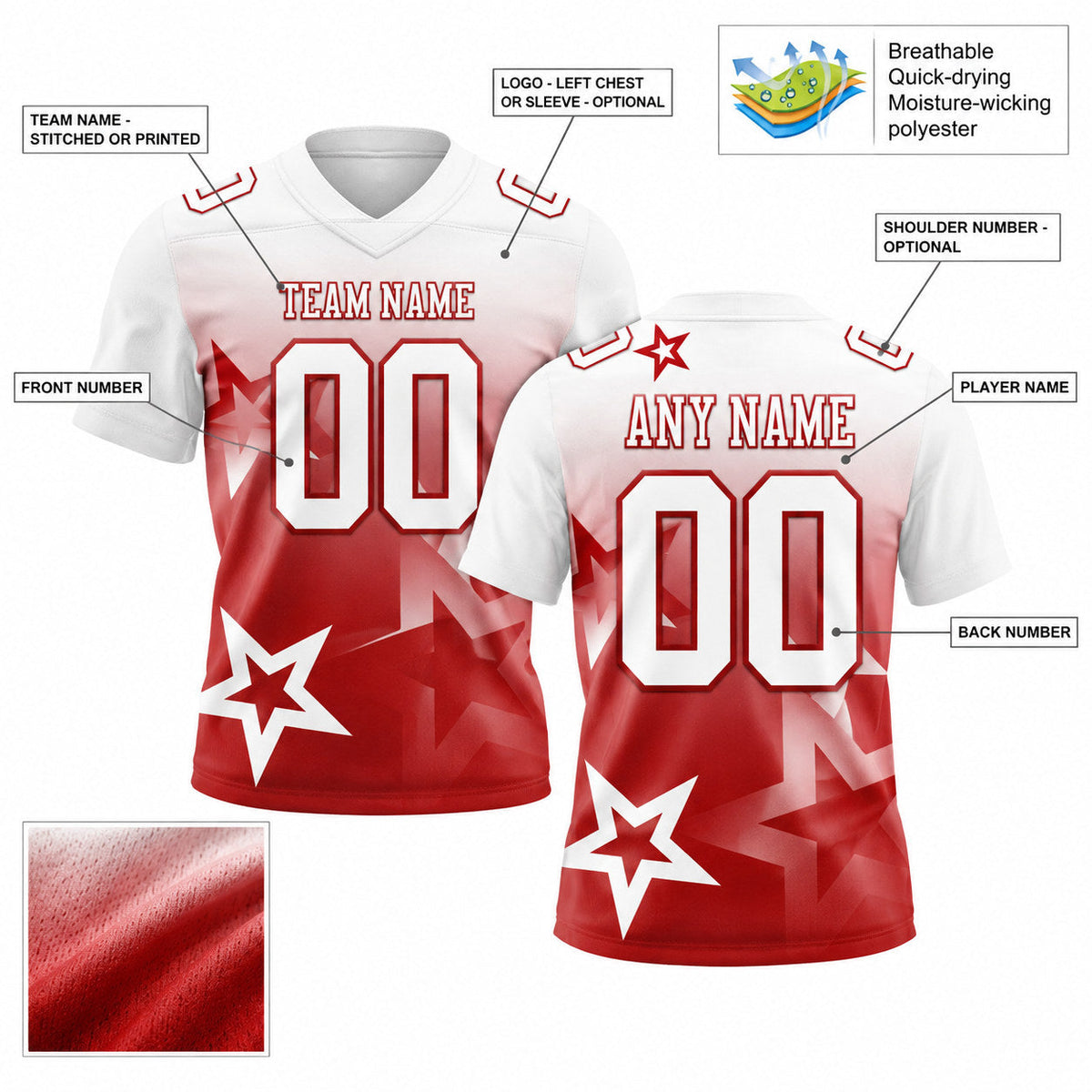 Custom White and Red Gradient Twinkle Star Authentic Football Jersey customization guide