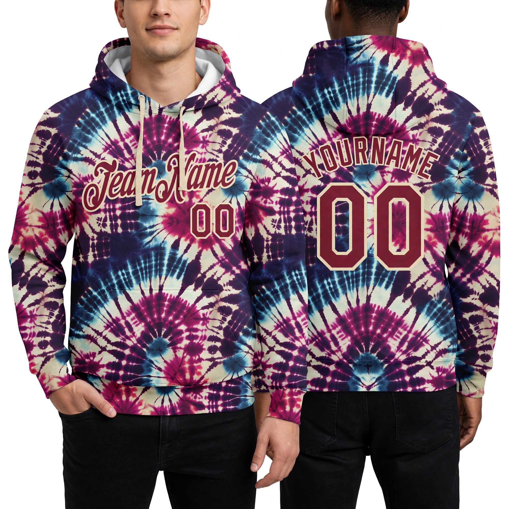 Custom Stitched Tie Dye Crimson-Cream 3D Hippie Batik Sports Pullover Sweatshirt Hoodie worn front and back