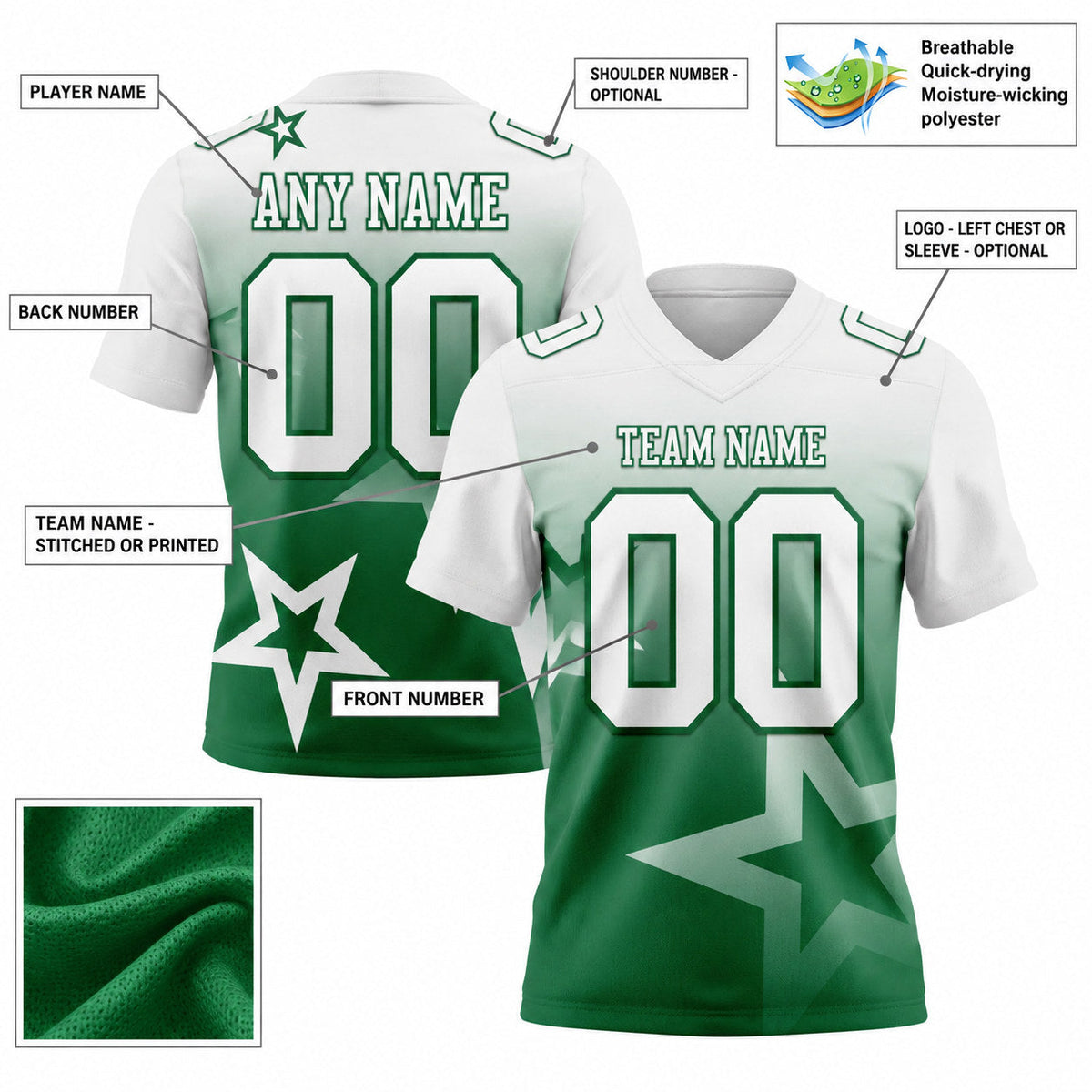 Custom White and Kelly Green Gradient Twinkle Star Authentic Football Jersey customization guide
