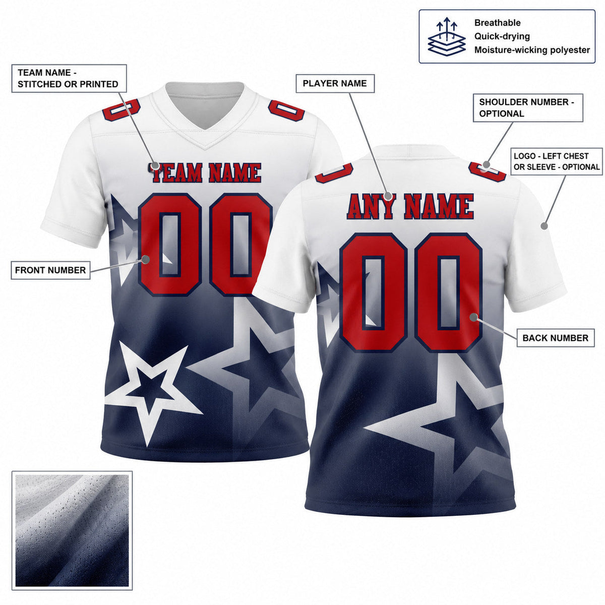 Custom White Gradient Twinkle Star Authentic Football Jersey with Red and Navy Lettering customization guide