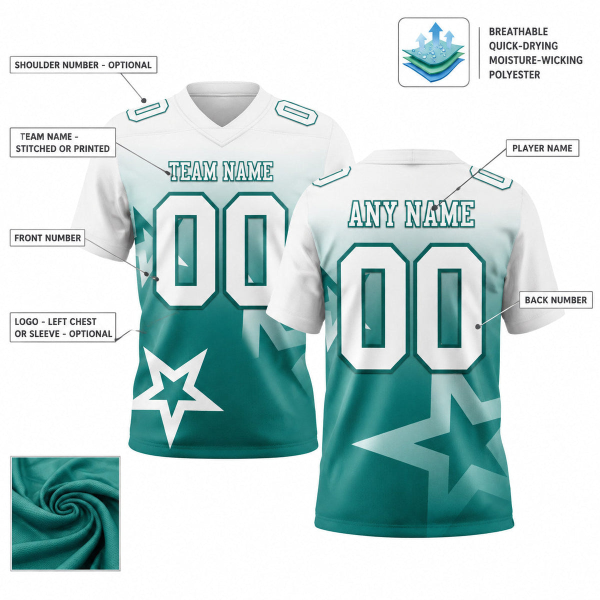 Custom White and Teal Gradient Twinkle Star Authentic Football Jersey customization guide