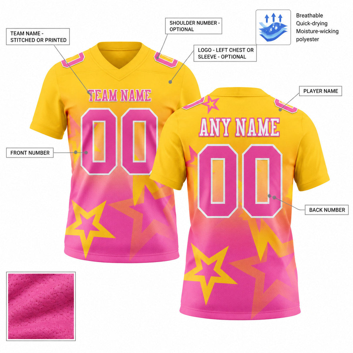 Custom Yellow Gradient Twinkle Star Authentic Football Jersey with Pink and White Lettering customization guide