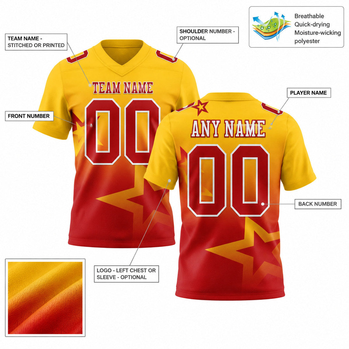 Custom Yellow Gradient Twinkle Star Authentic Football Jersey with Red and White Lettering customization guide