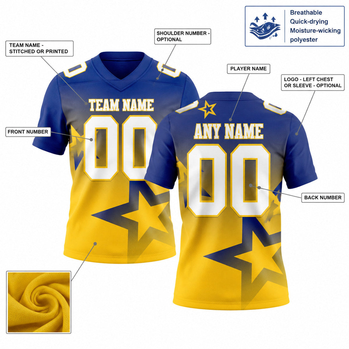 Custom Royal Gradient Twinkle Star Authentic Football Jersey with White and Yellow Lettering customization guide
