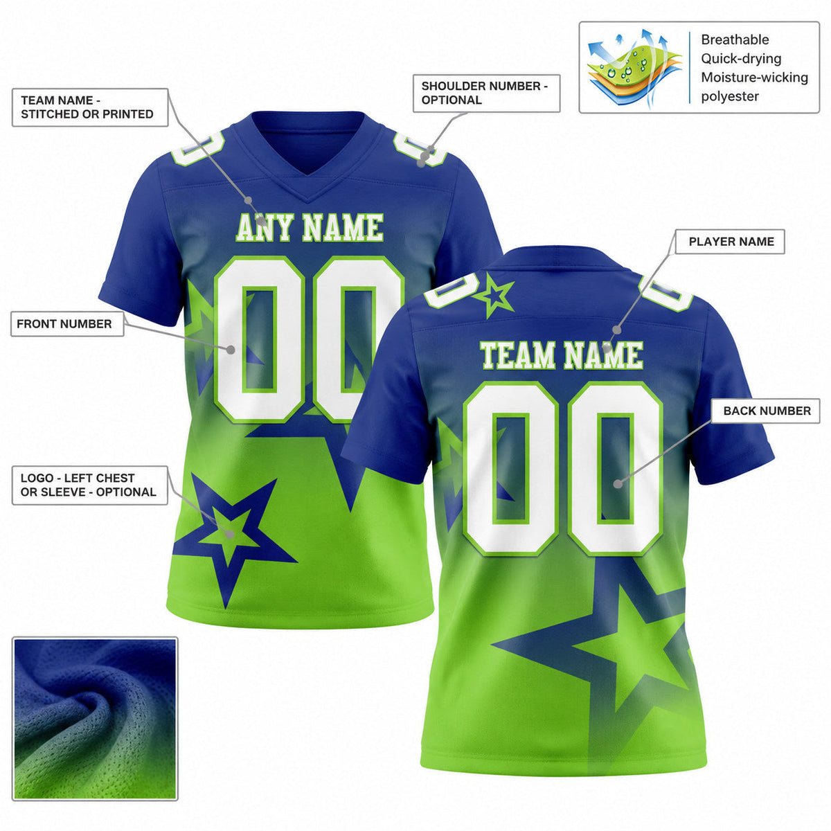 Custom Royal Gradient Twinkle Star Authentic Football Jersey with White and Neon Green Lettering customization guide