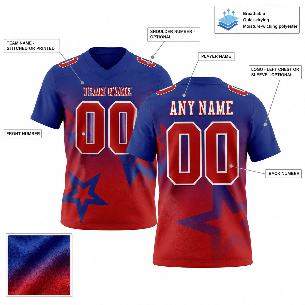 Custom Royal Gradient Twinkle Star Authentic Football Jersey with Red and White Lettering customization guide
