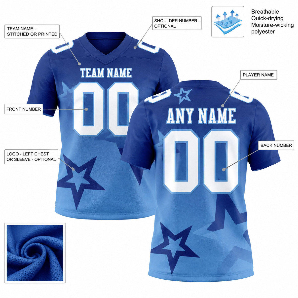 Custom Royal Gradient Twinkle Star Authentic Football Jersey with White and Light Blue Lettering customization guide