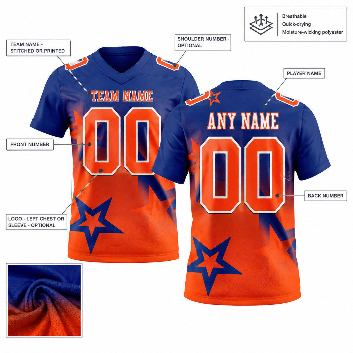 Custom Royal Gradient Twinkle Star Authentic Football Jersey with Orange and White Lettering customization guide