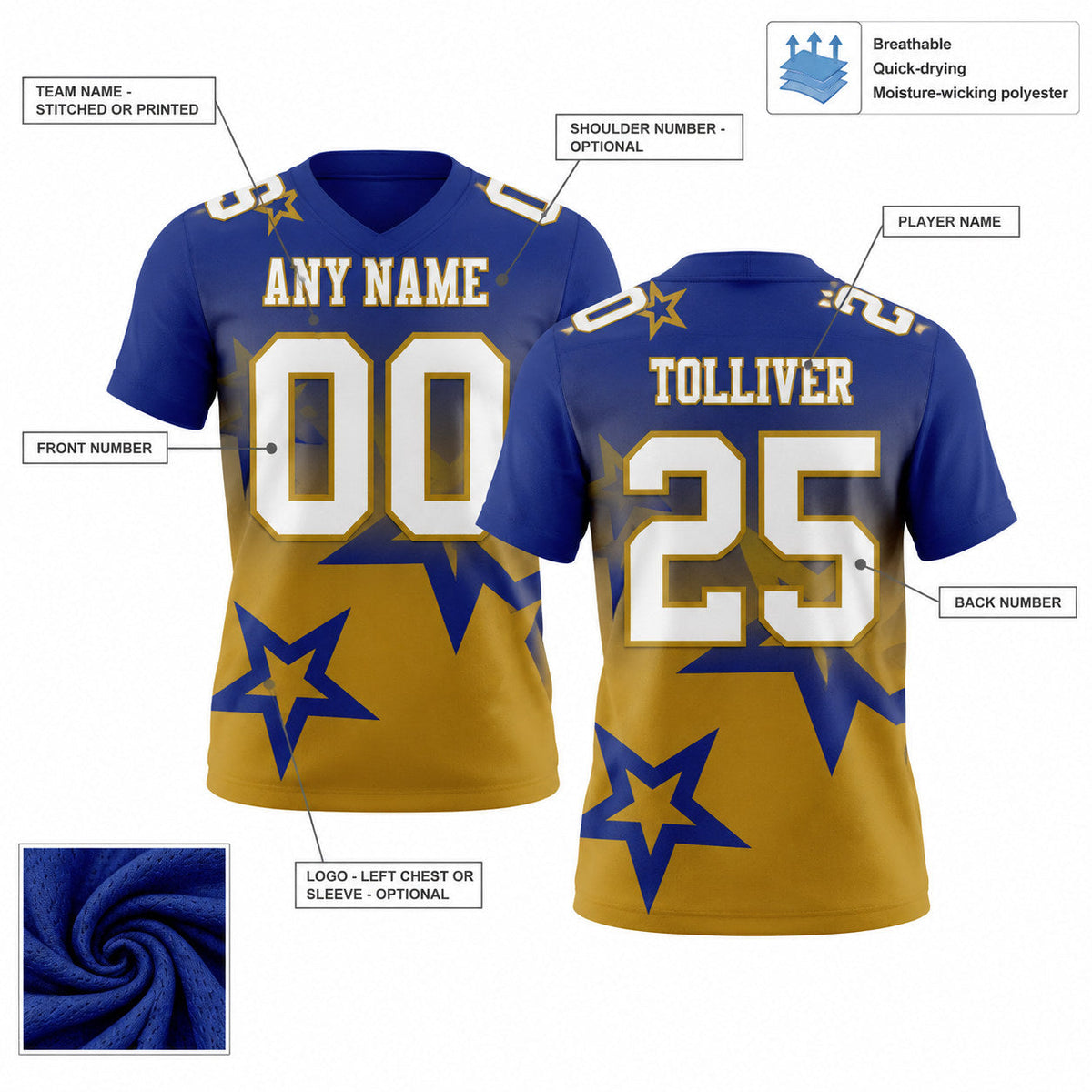 Custom Royal Gradient Twinkle Star Authentic Football Jersey with White and Old Gold Lettering customization guide