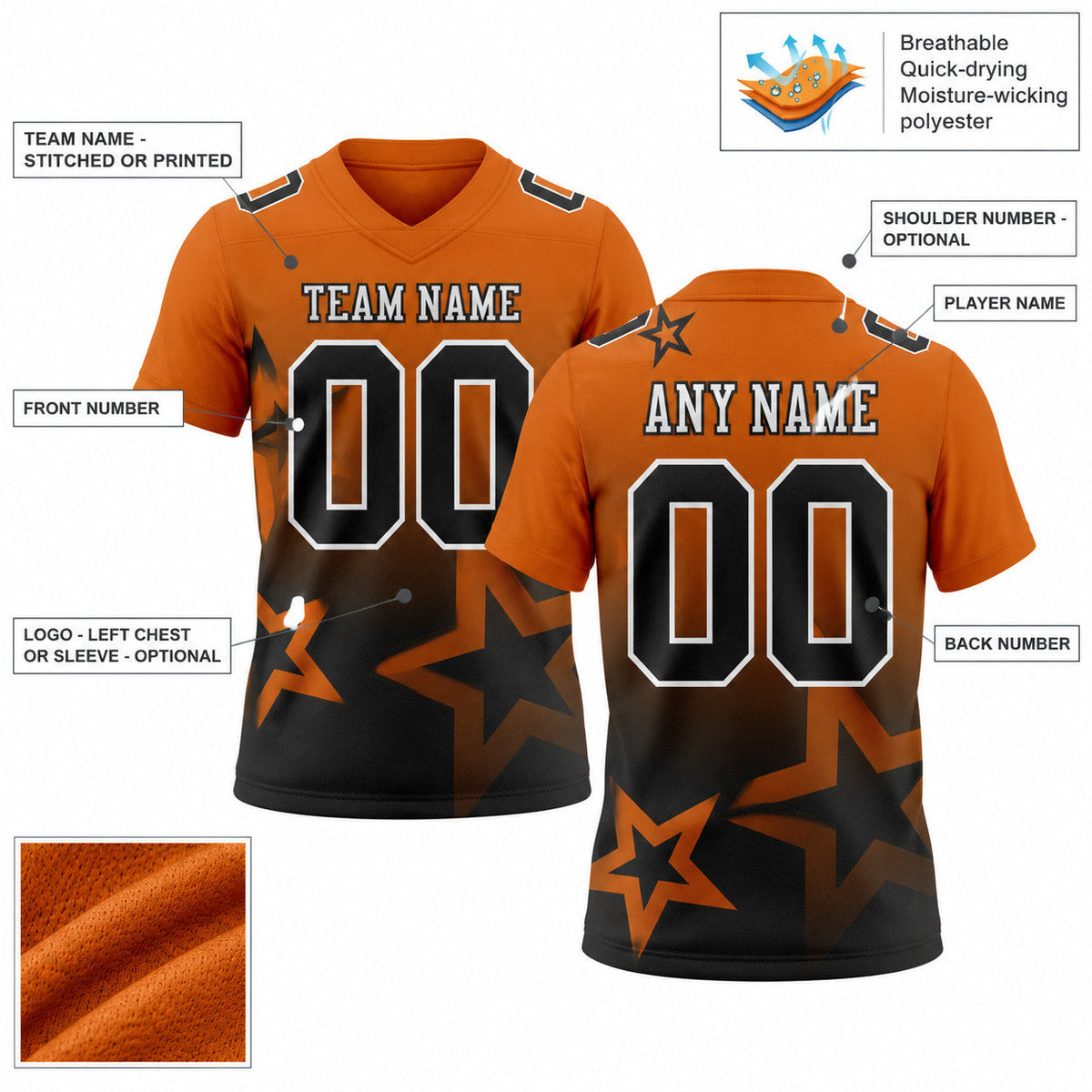 Custom Texas Orange Gradient Twinkle Star Authentic Football Jersey with Black and White Lettering customization guide