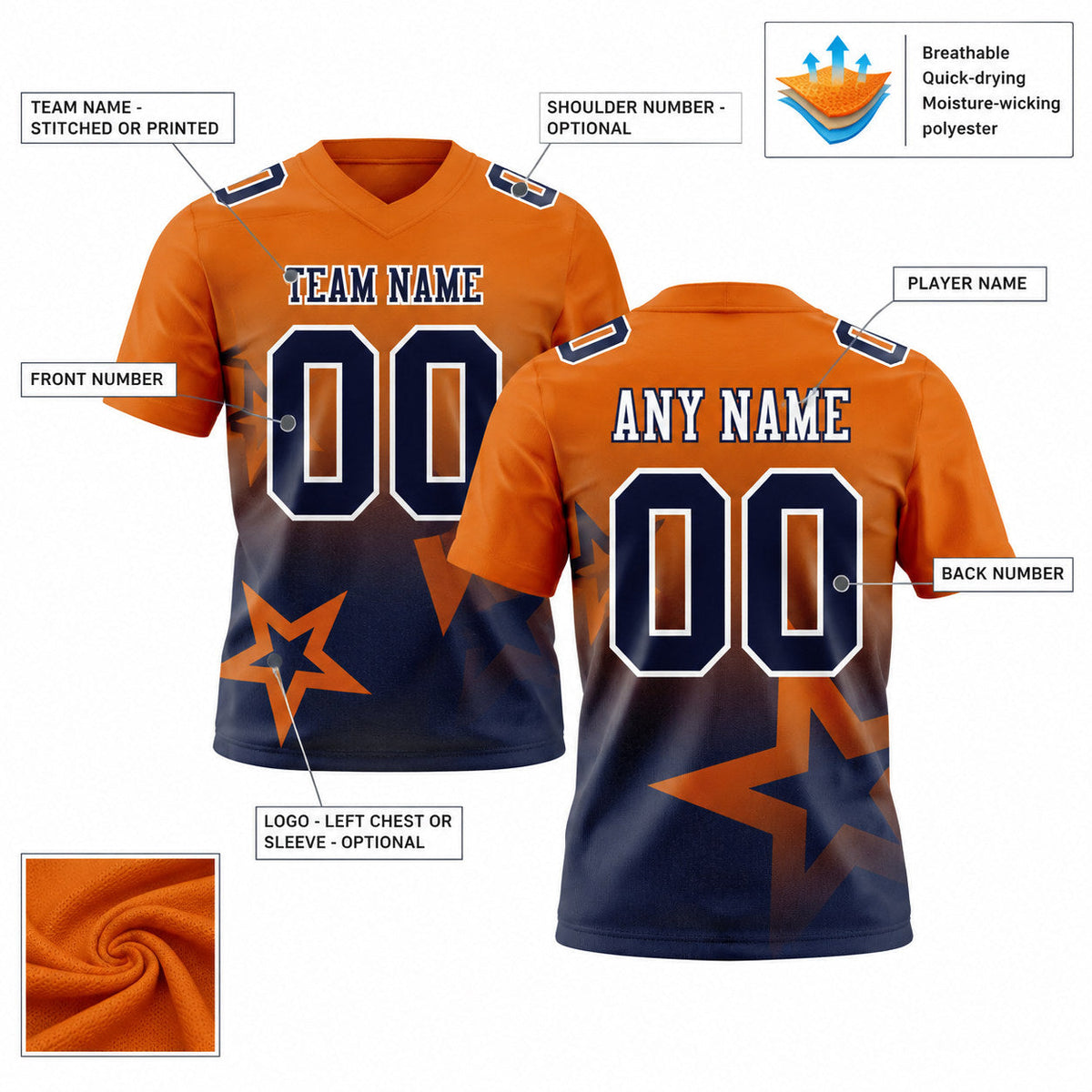 Custom Texas Orange Gradient Twinkle Star Authentic Football Jersey with Navy and White Lettering customization guide