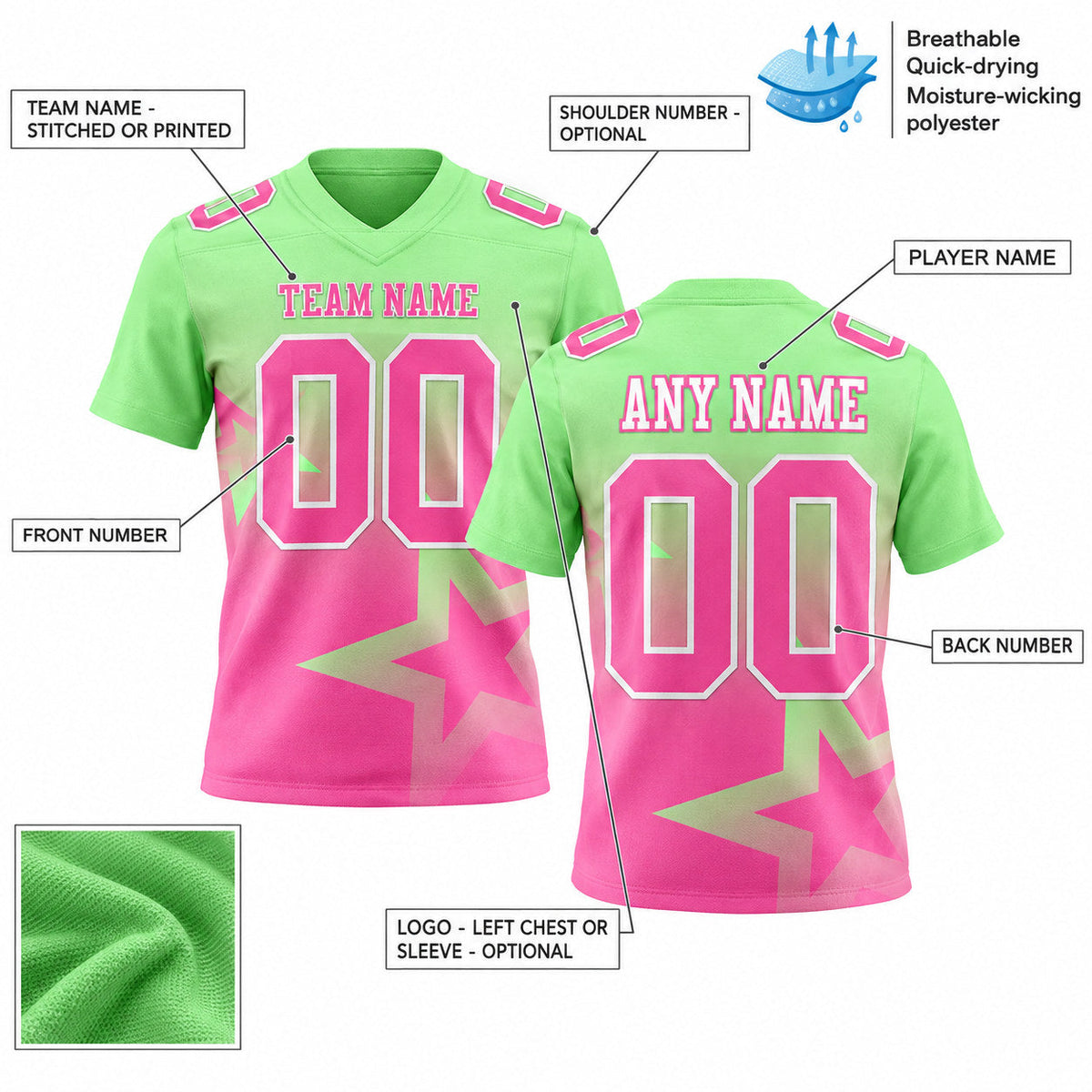 Custom Pea Green Gradient Twinkle Star Authentic Football Jersey with Pink and White Lettering customization guide