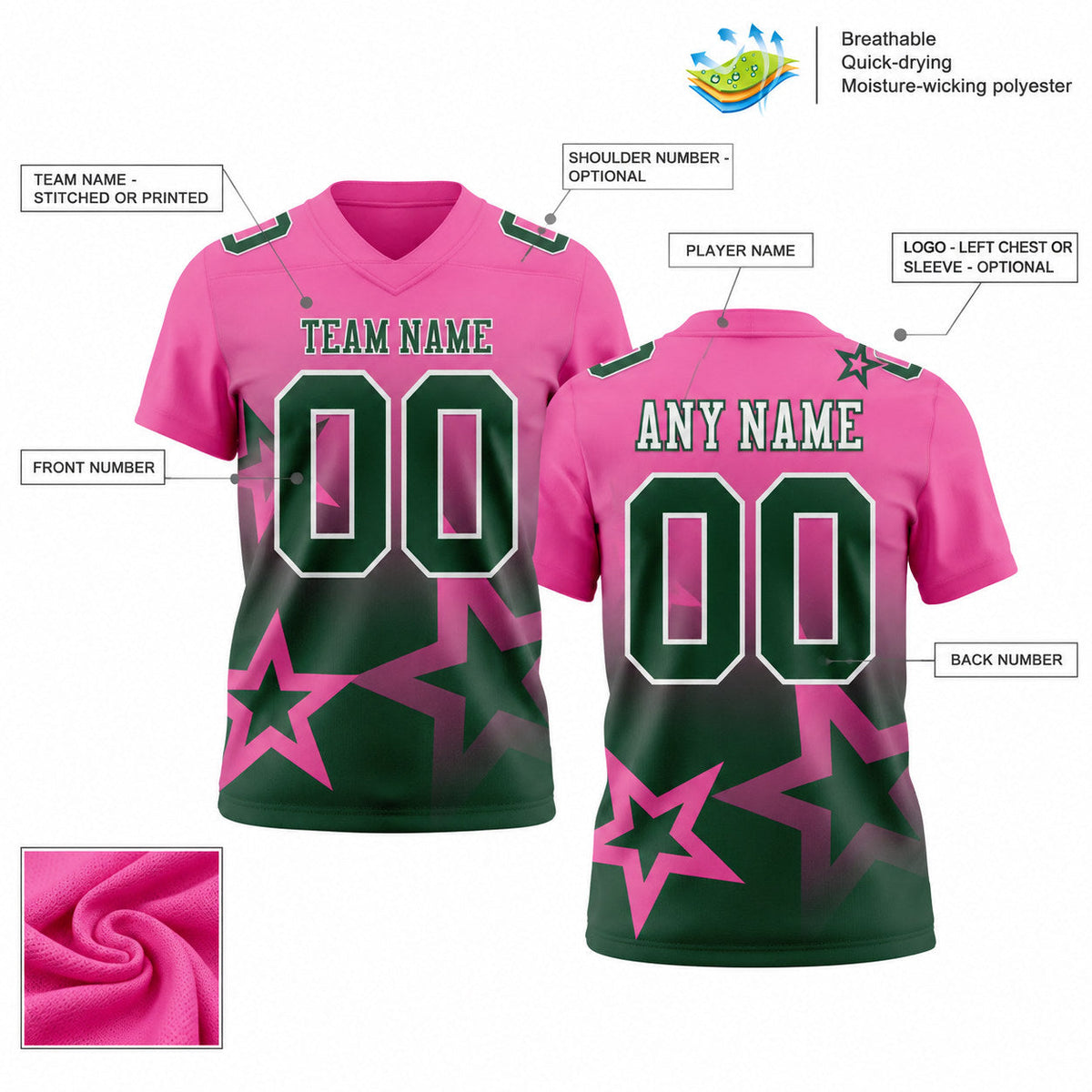 Custom Pink Gradient Twinkle Star Authentic Football Jersey with Green and White Lettering customization guide