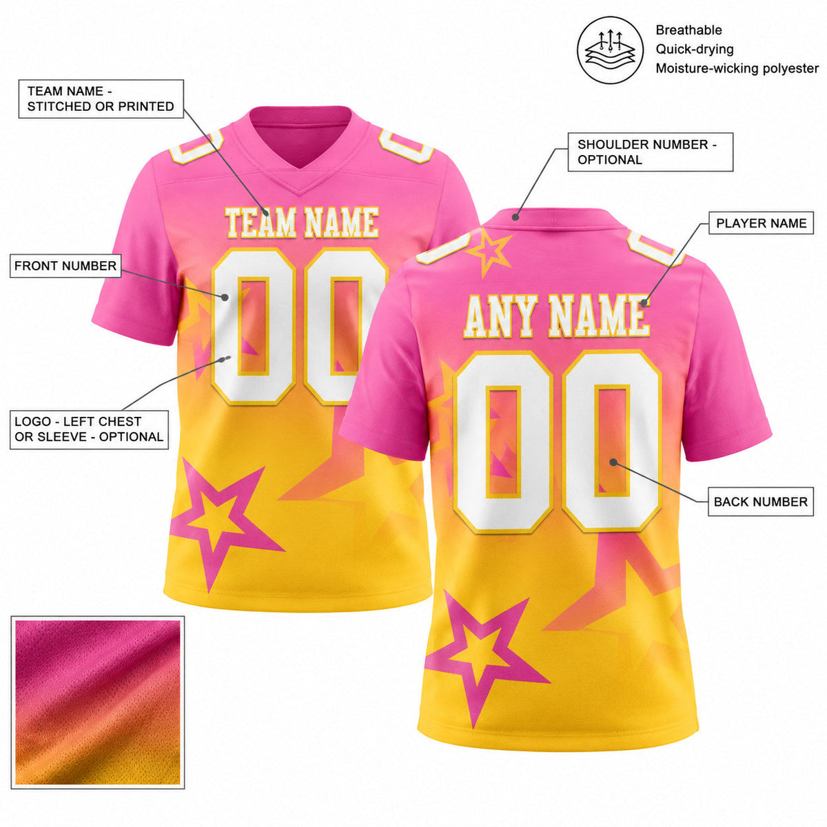 Custom Pink Gradient Twinkle Star Authentic Football Jersey with White and Yellow Lettering customization guide