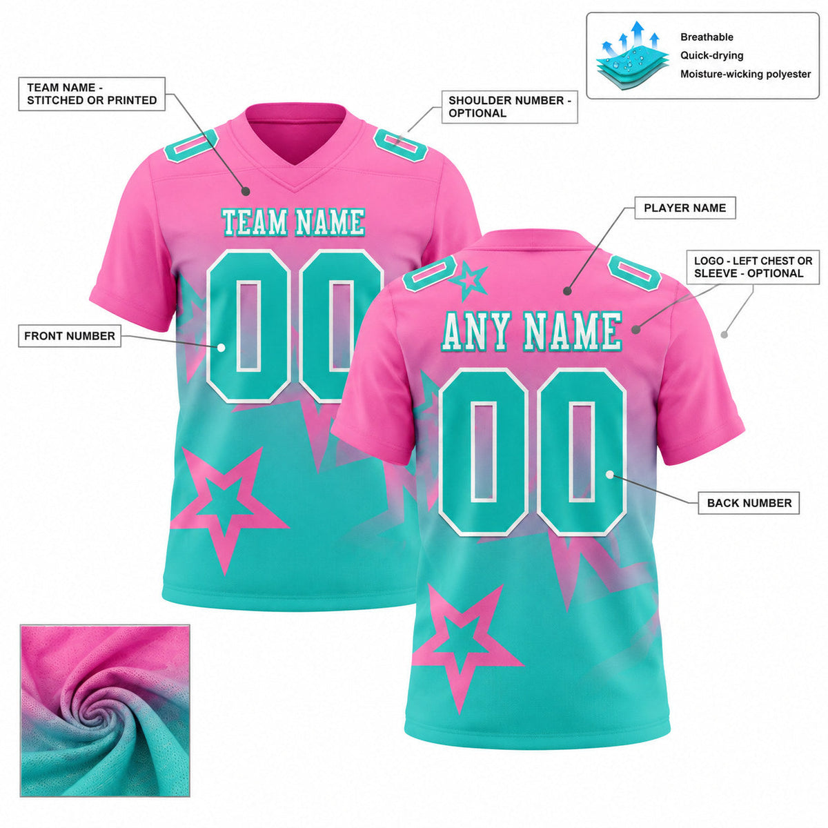Custom Pink Gradient Twinkle Star Authentic Football Jersey with Aqua and White Lettering customization guide