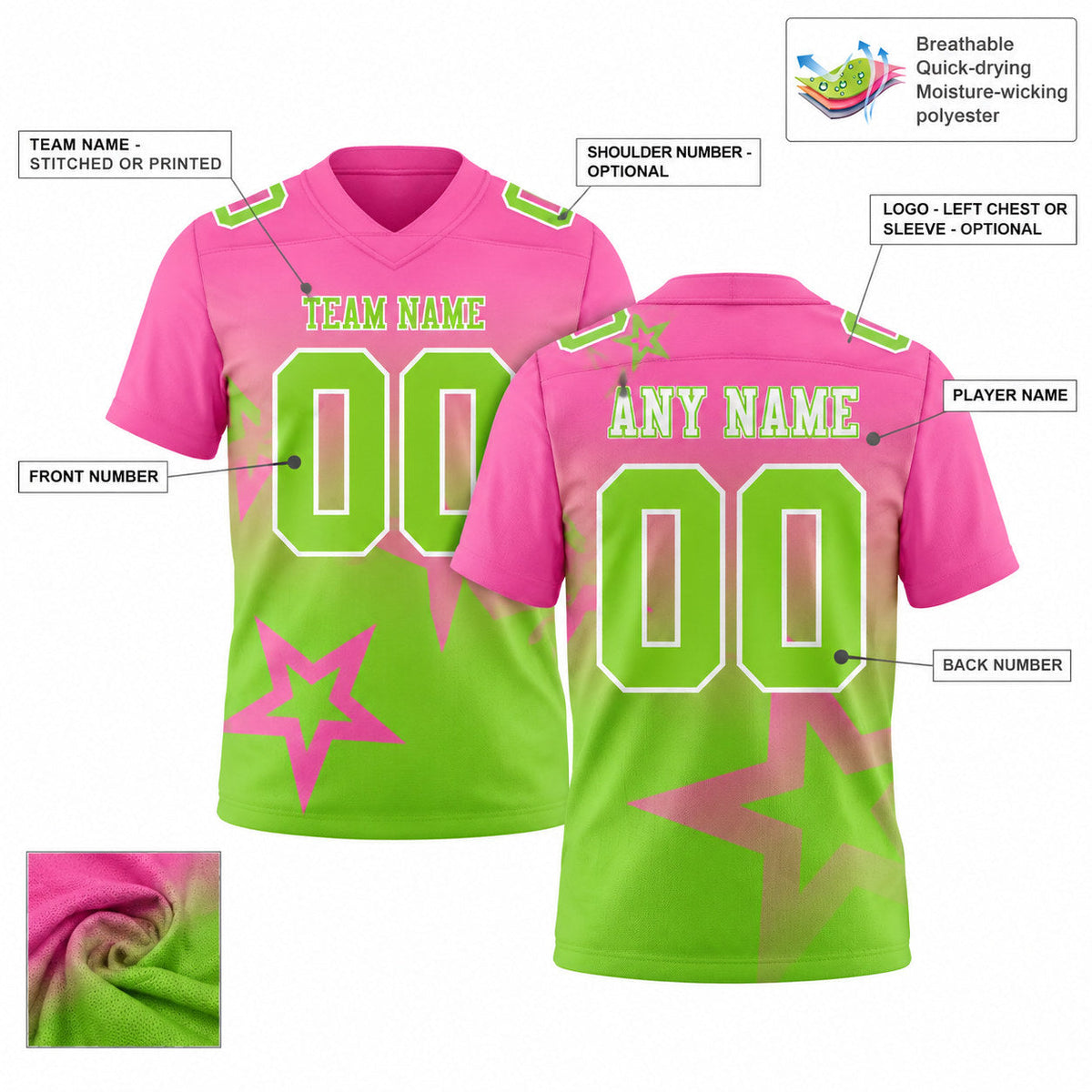 Custom Pink Gradient Twinkle Star Authentic Football Jersey with Neon Green and White Lettering customization guide