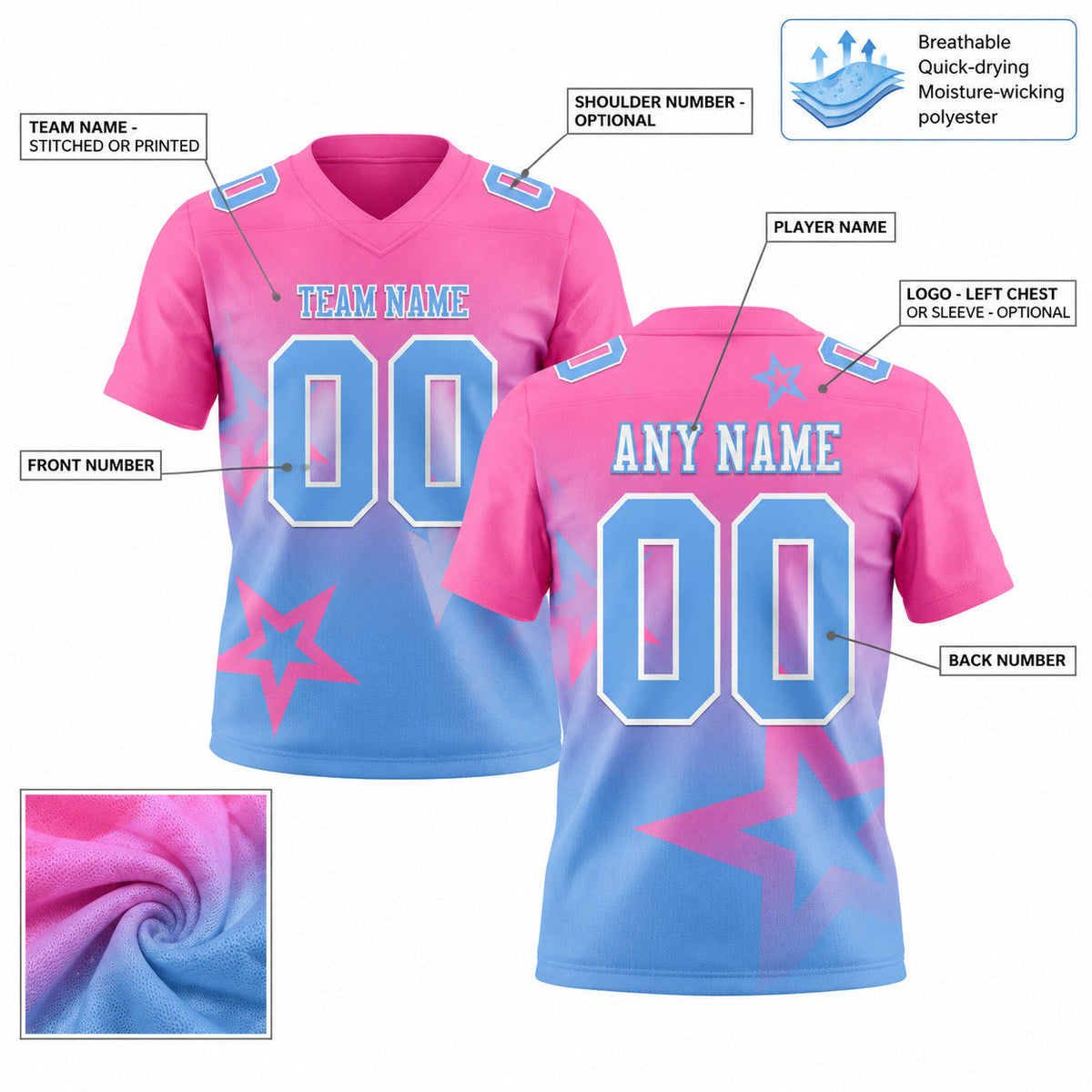 Custom Pink Gradient Twinkle Star Authentic Football Jersey with Light Blue and White Lettering customization guide