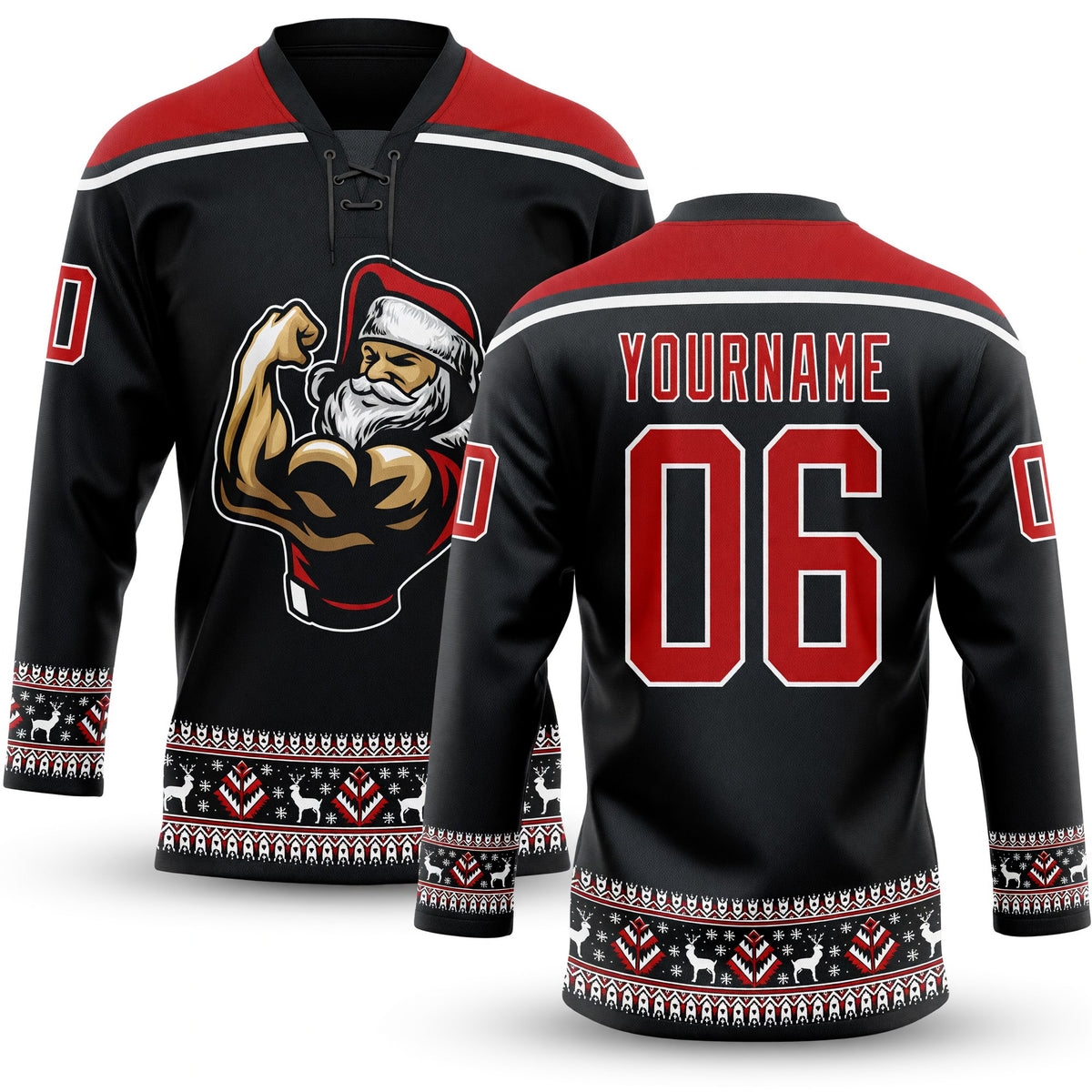 Custom Black Red-White Christmas Santa Claus 3D Hockey Lace Neck Jersey