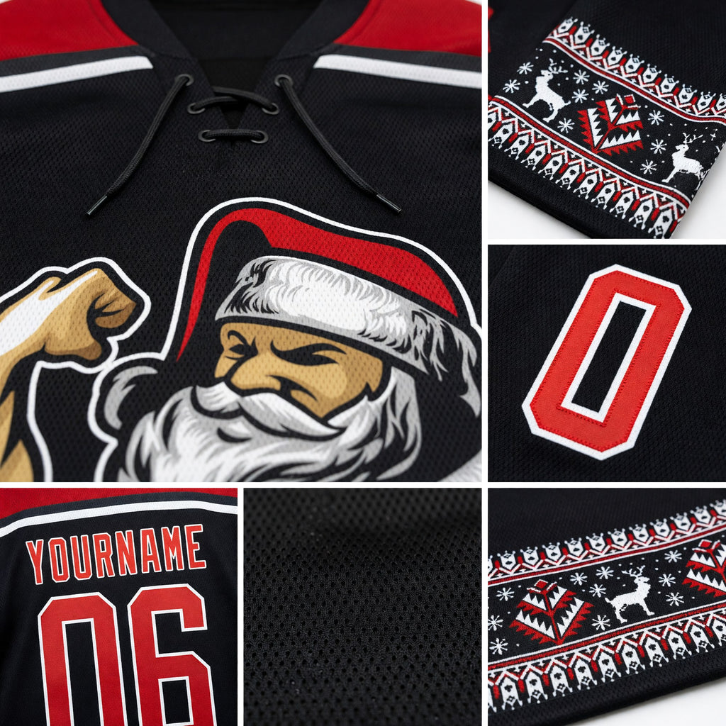 Custom Black Red-White Christmas Santa Claus 3D Hockey Lace Neck Jersey detail