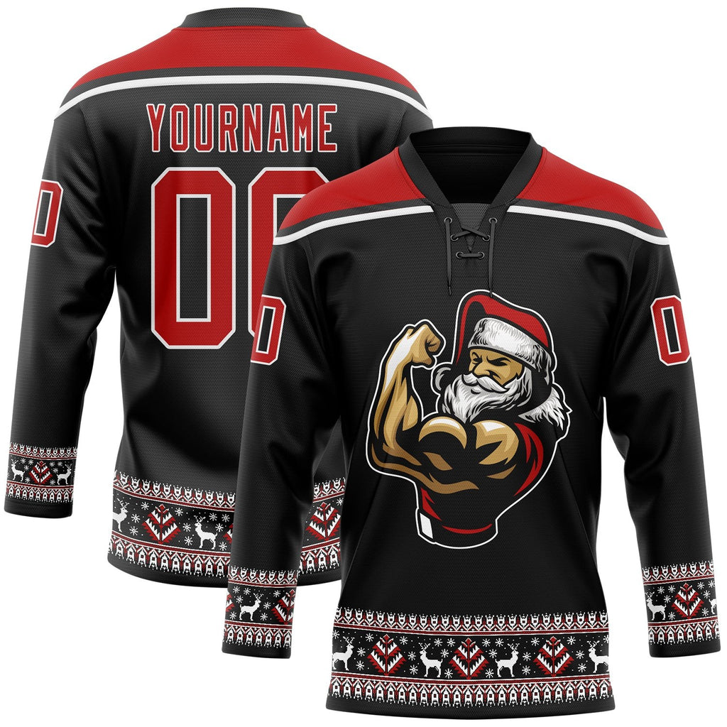 Custom Black Red-White Christmas Santa Claus 3D Hockey Lace Neck Jersey photo 1