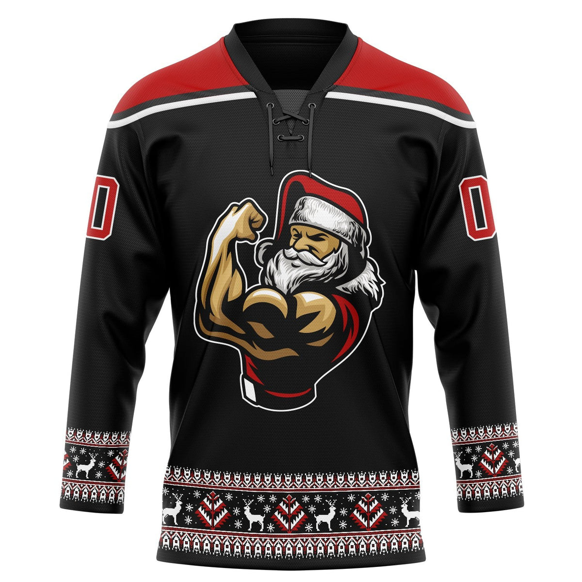 Custom Black Red-White Christmas Santa Claus 3D Hockey Lace Neck Jersey photo 2