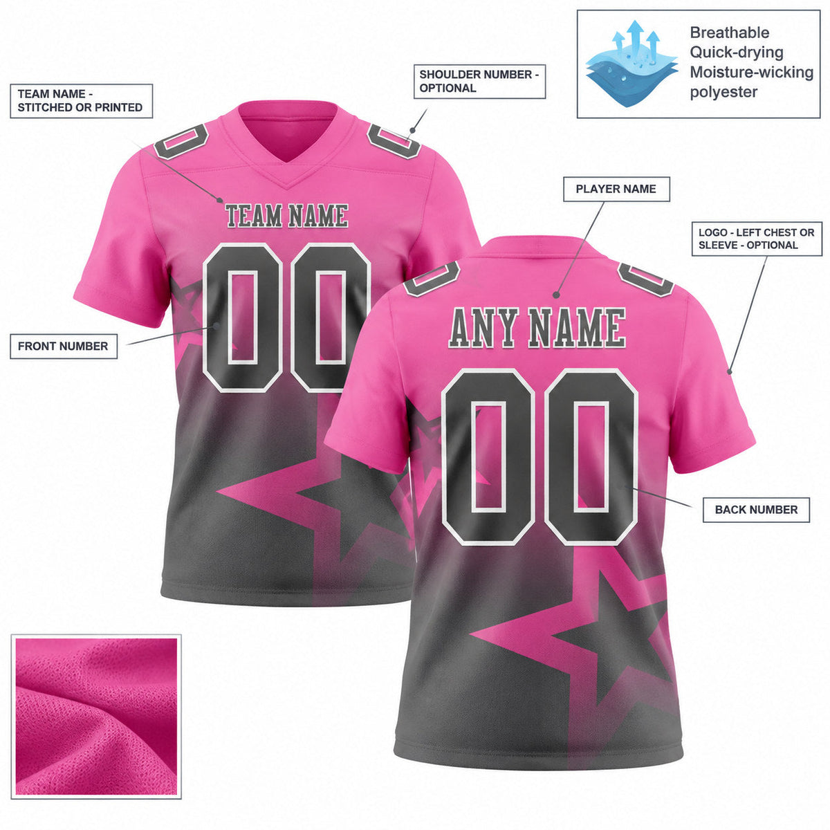 Custom Pink Gradient Twinkle Star Authentic Football Jersey with Steel Gray and White Lettering customization guide