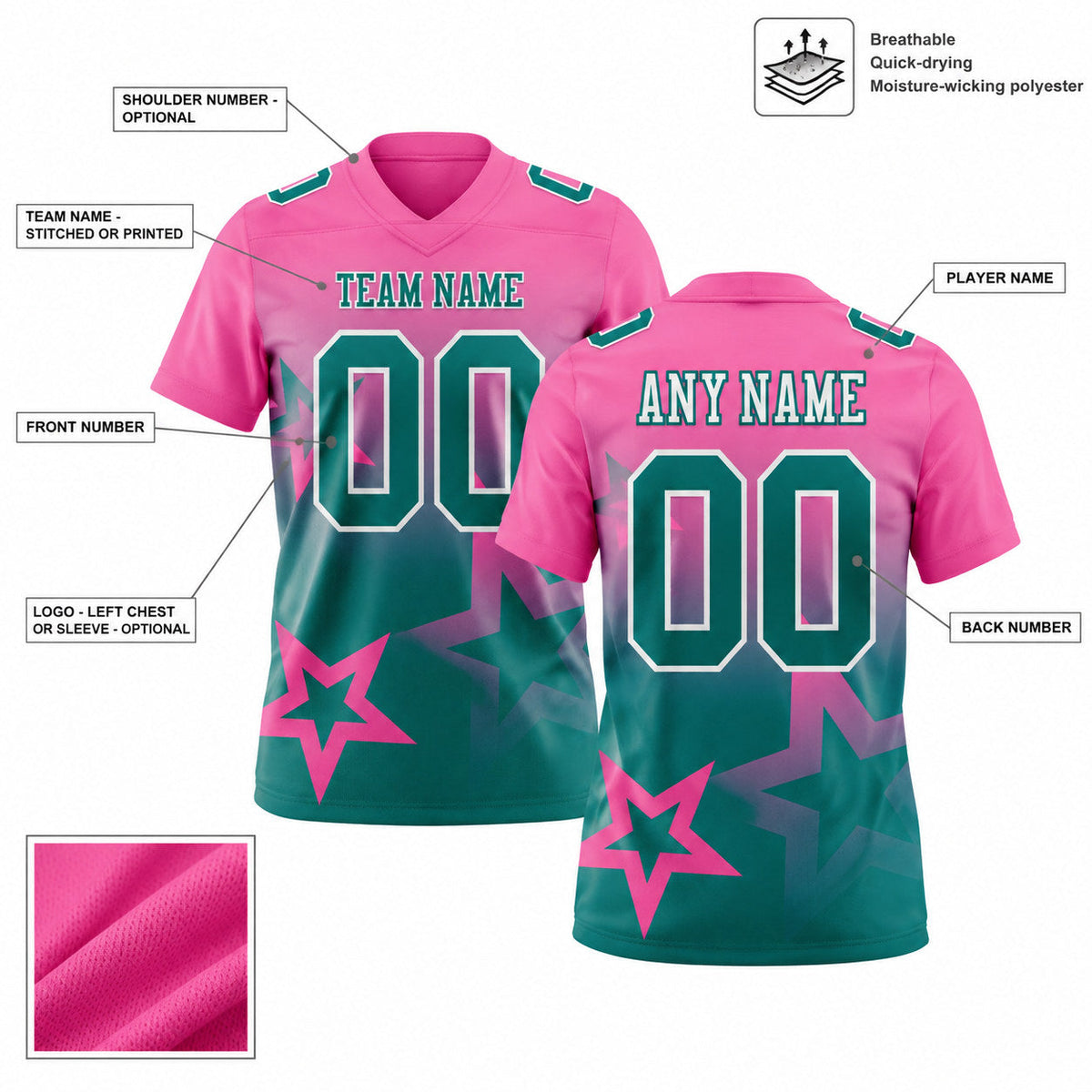 Custom Pink Gradient Twinkle Star Authentic Football Jersey with Teal and White Lettering customization guide