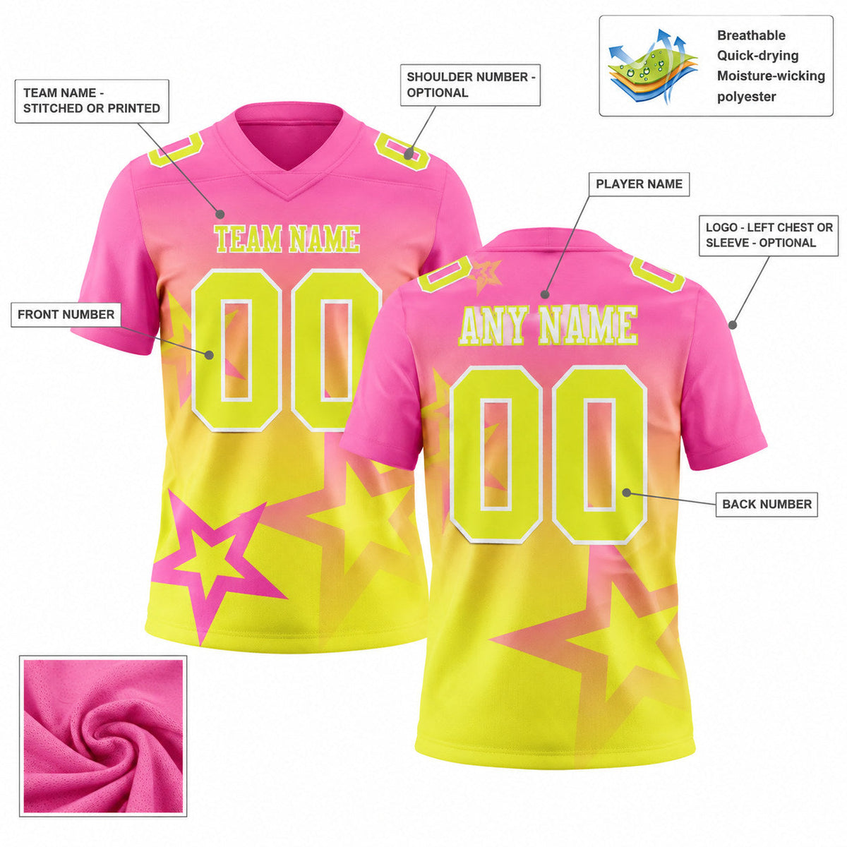 Custom Pink Gradient Twinkle Star Authentic Football Jersey with Neon Yellow and White Lettering customization guide