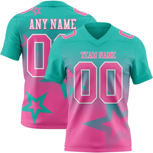 Custom Aqua Pink-White Authentic Gradient Style Twinkle Star Football Jersey