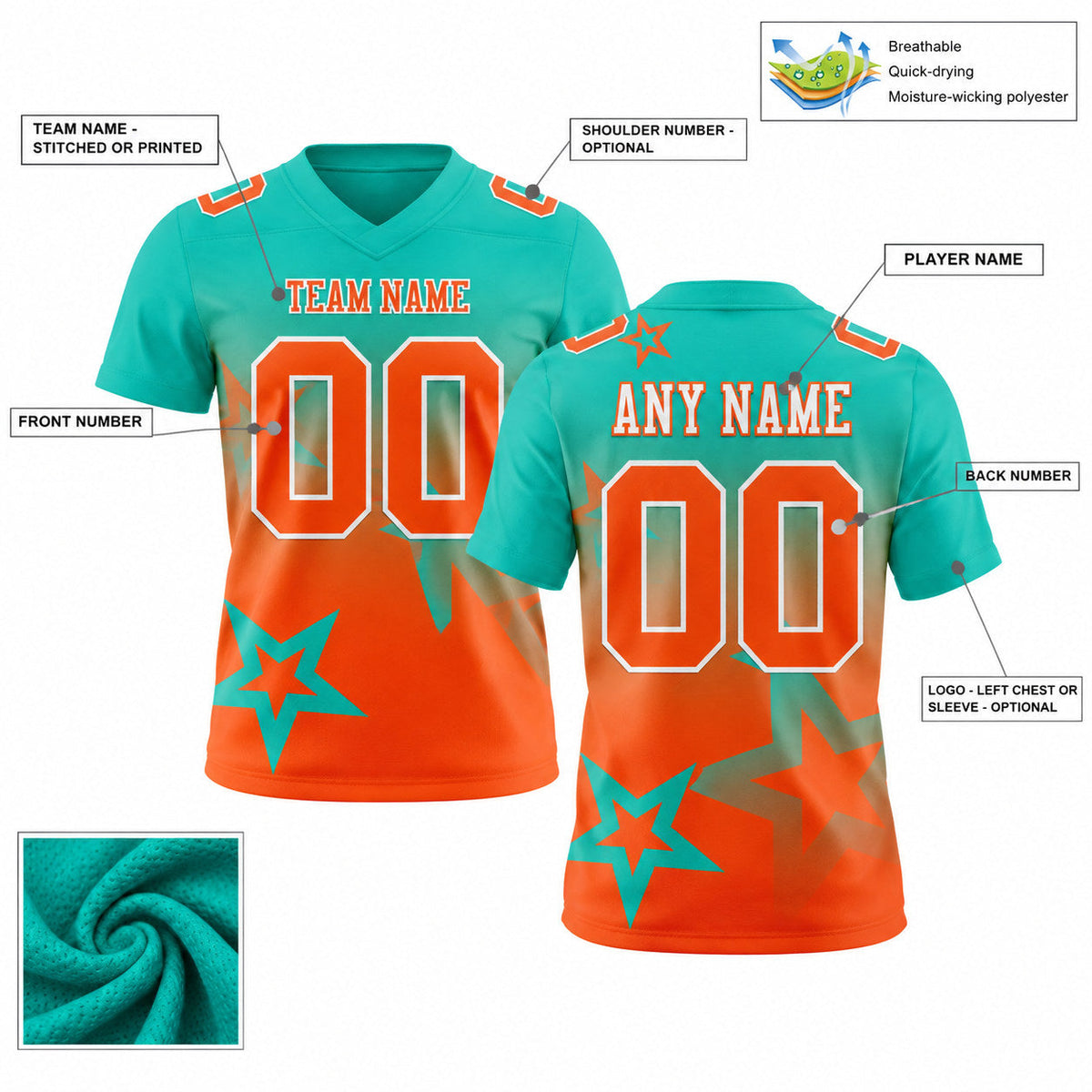 Custom Aqua Gradient Twinkle Star Authentic Football Jersey with Orange and White Lettering customization guide