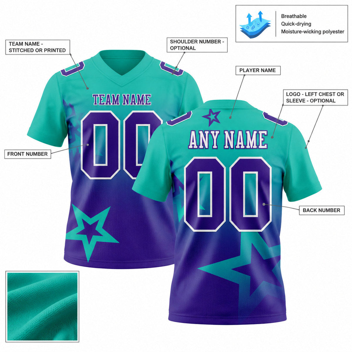 Custom Aqua Gradient Twinkle Star Authentic Football Jersey with Purple and White Lettering customization guide