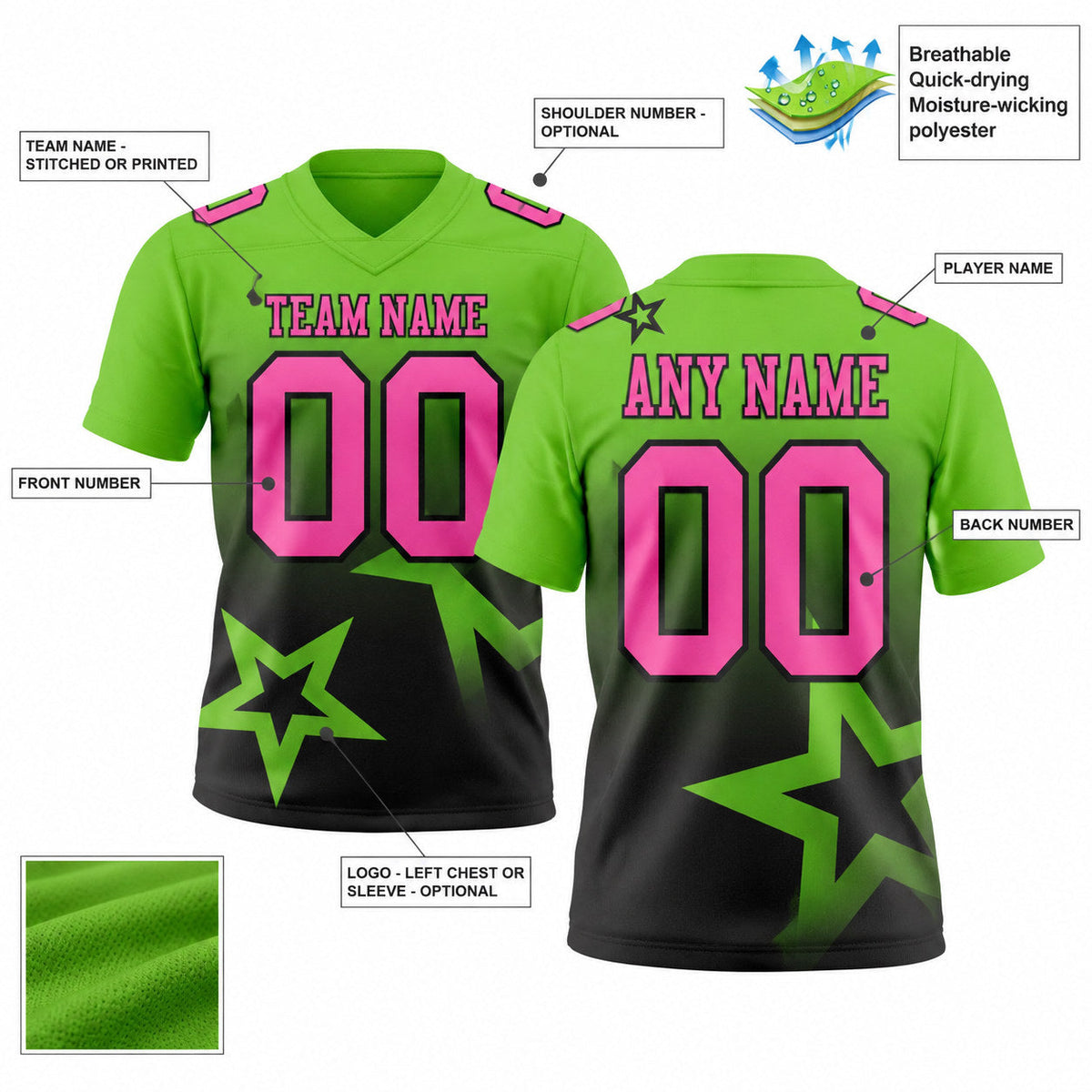 Custom Neon Green Gradient Twinkle Star Authentic Football Jersey with Pink and Black Lettering customization guide