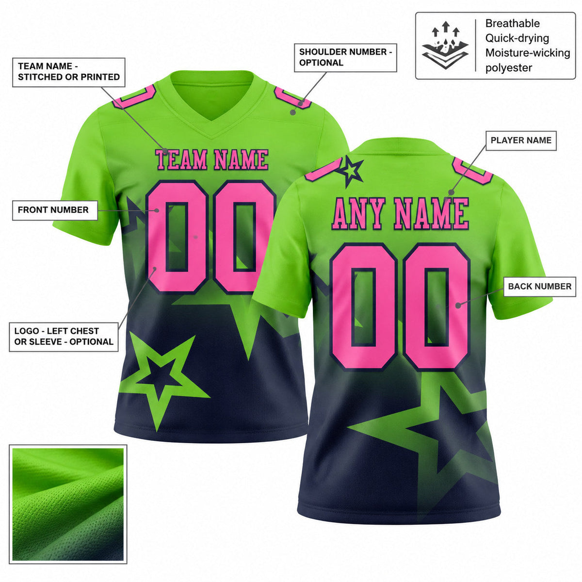 Custom Neon Green Gradient Twinkle Star Authentic Football Jersey with Pink and Navy Lettering customization guide