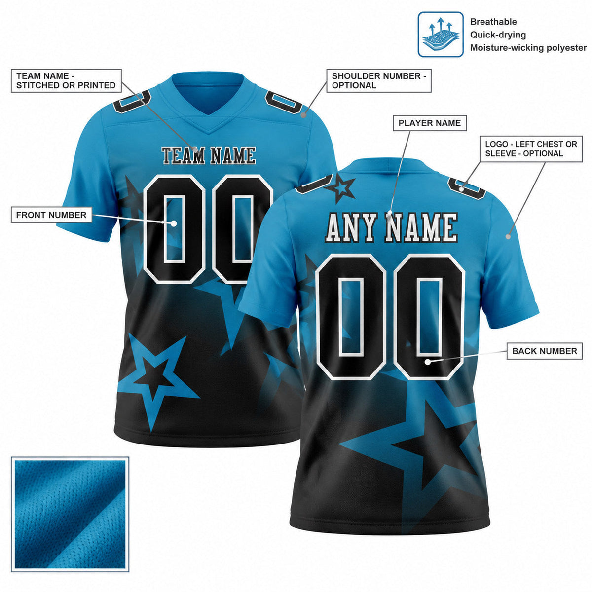 Custom Panther Blue Gradient Twinkle Star Authentic Football Jersey with Black and White Lettering customization guide