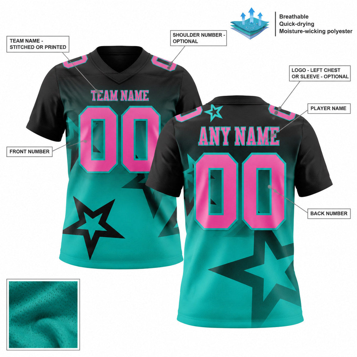 Custom Black Gradient Twinkle Star Authentic Football Jersey with Pink and Aqua Lettering customization guide