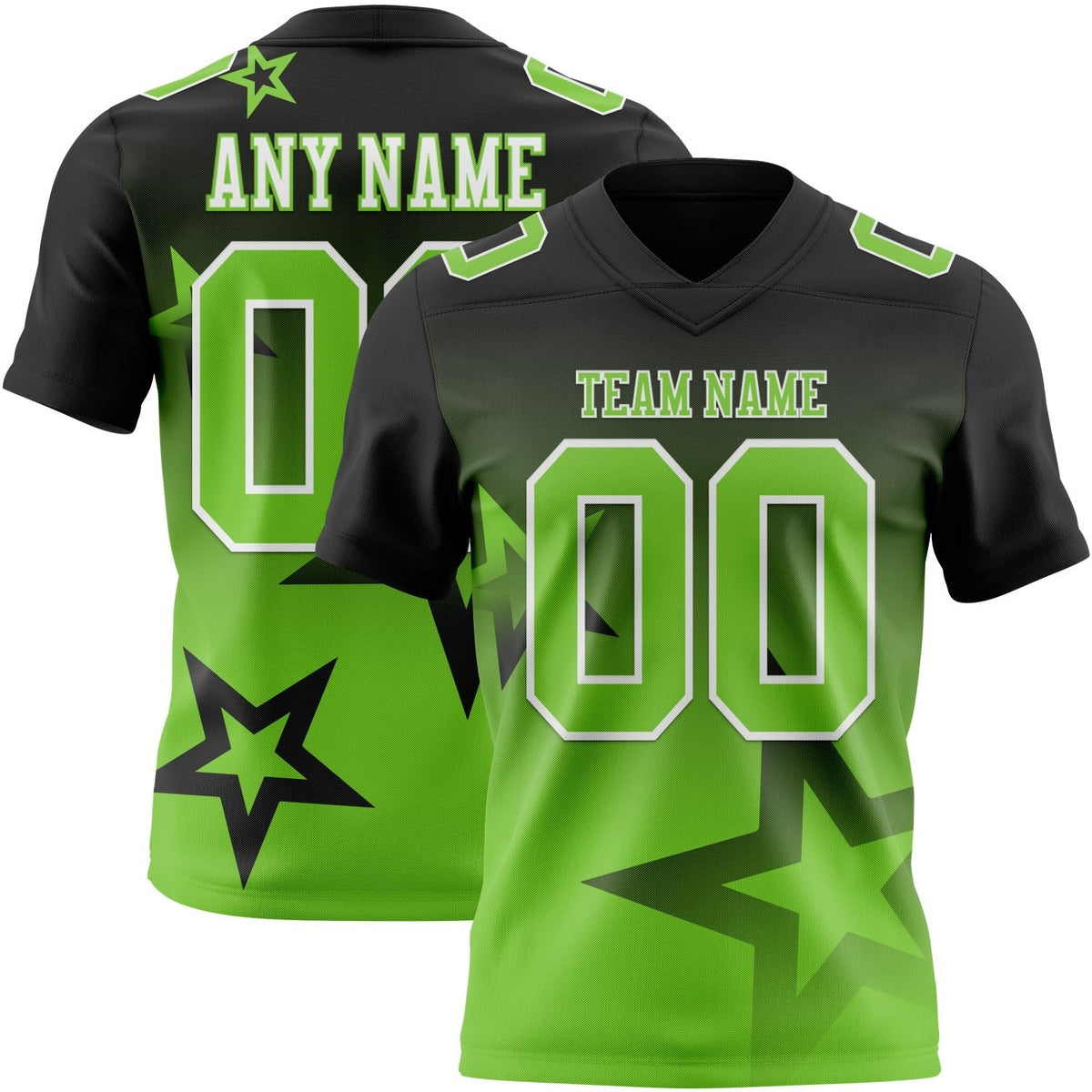 Custom Black Neon Green-White Authentic Gradient Style Twinkle Star Football Jersey