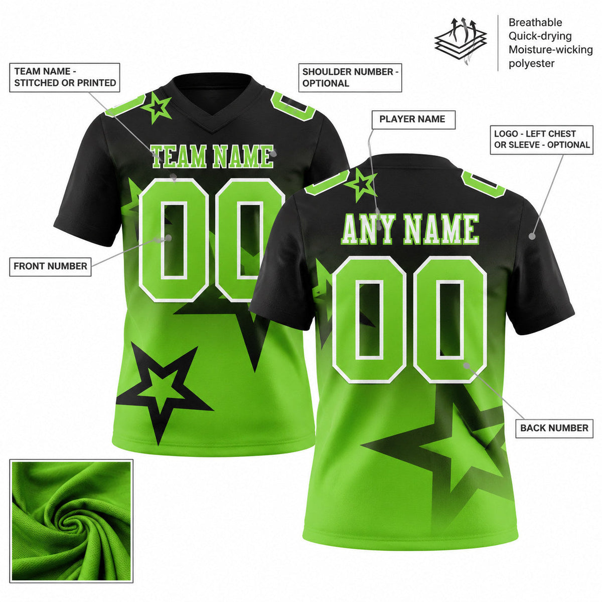 Custom Black Gradient Twinkle Star Authentic Football Jersey with Neon Green and White Lettering customization guide