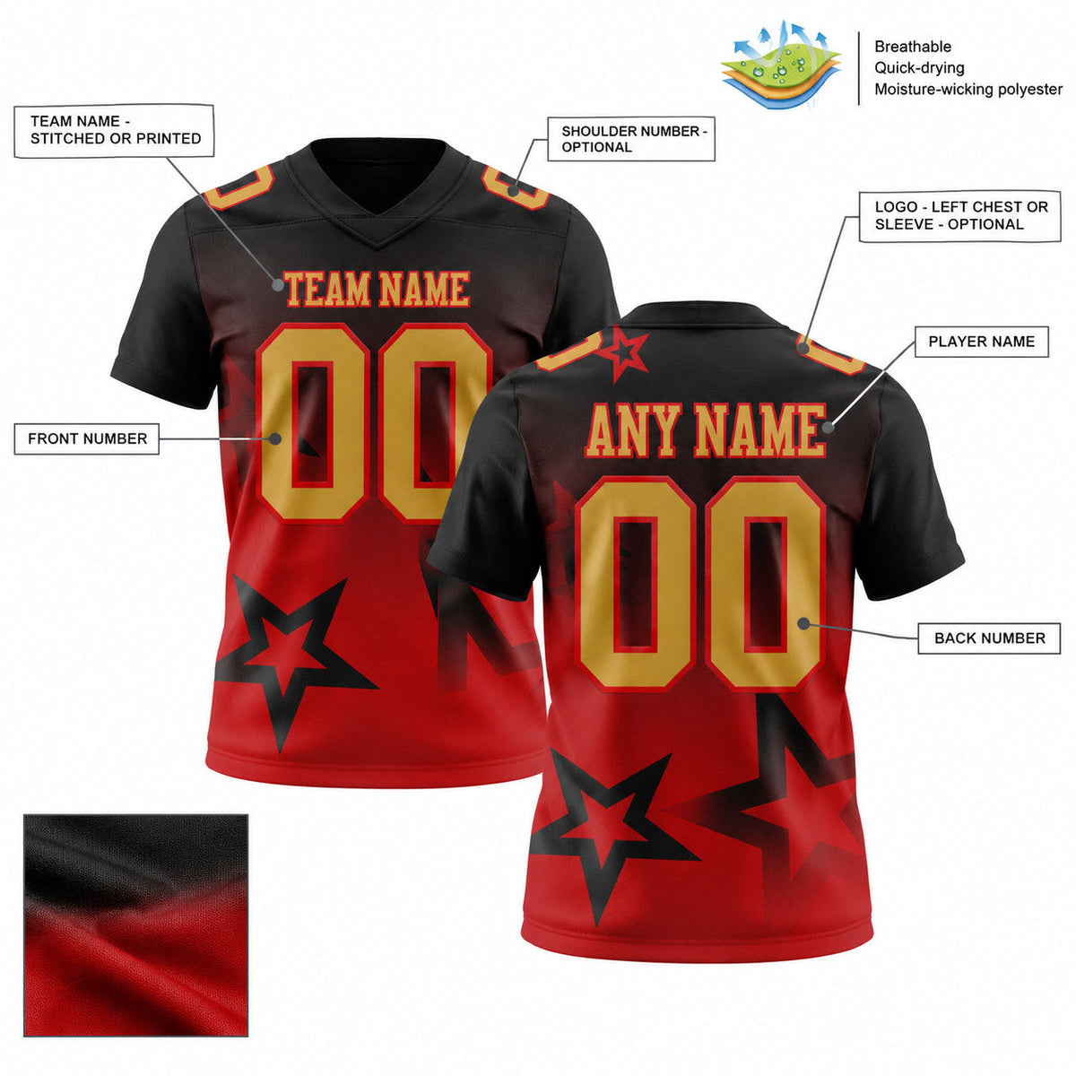Custom Black Gradient Twinkle Star Authentic Football Jersey with Old Gold and Red Lettering customization guide