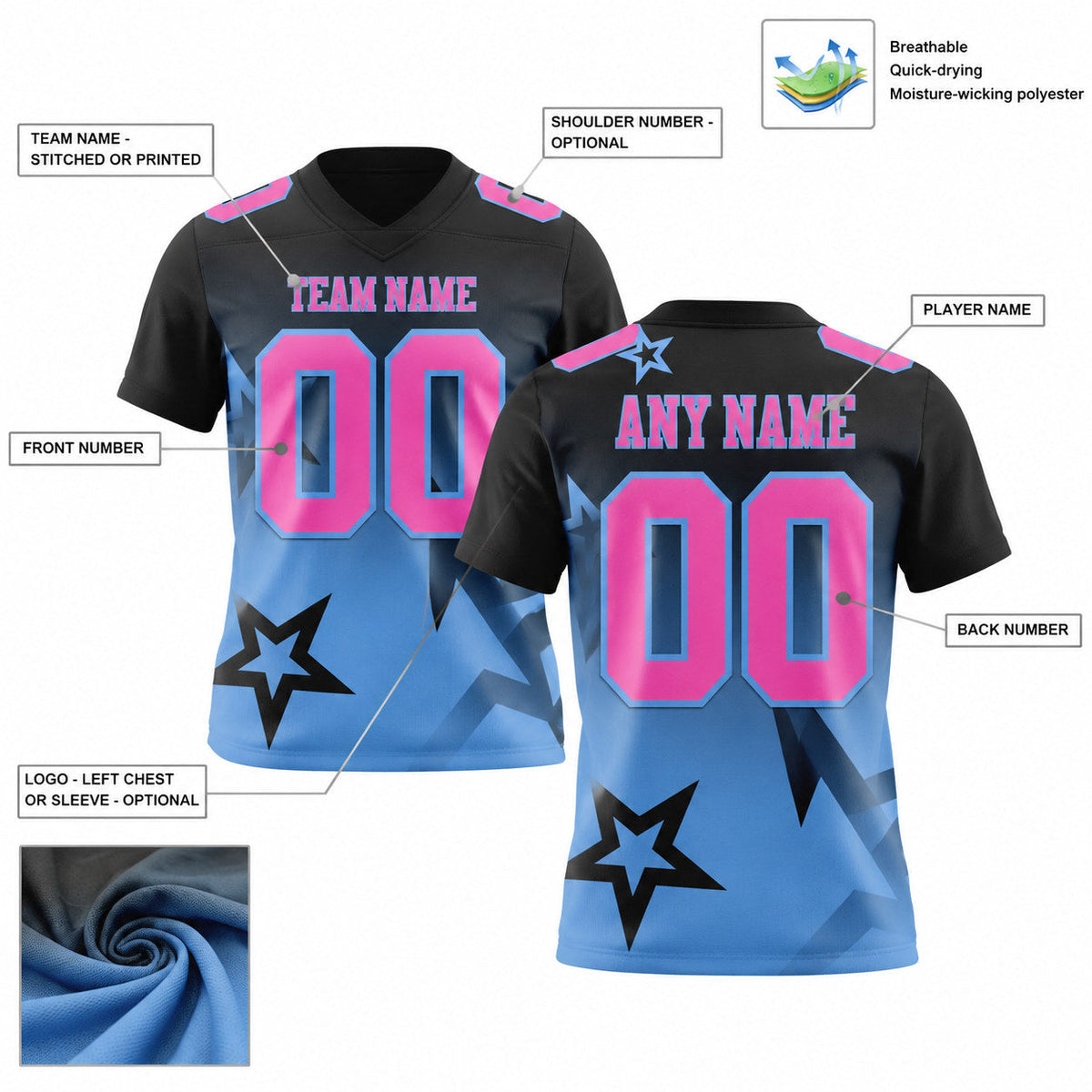 Custom Black Gradient Twinkle Star Authentic Football Jersey with Pink and Light Blue Lettering customization guide