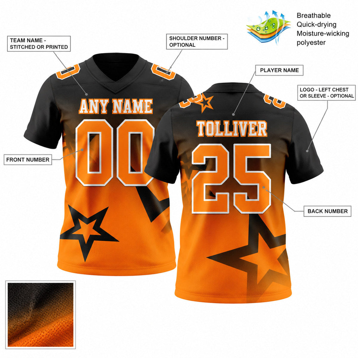 Custom Black Gradient Twinkle Star Authentic Football Jersey with Bay Orange and White Lettering customization guide