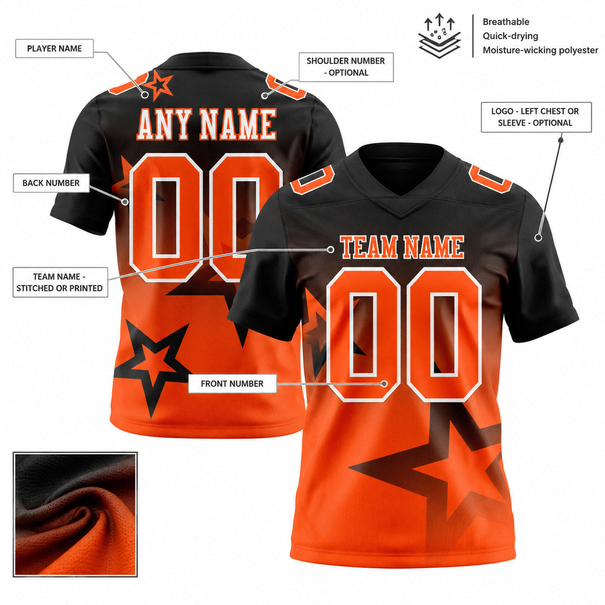 Custom Black Gradient Twinkle Star Authentic Football Jersey with Orange and White Lettering customization guide